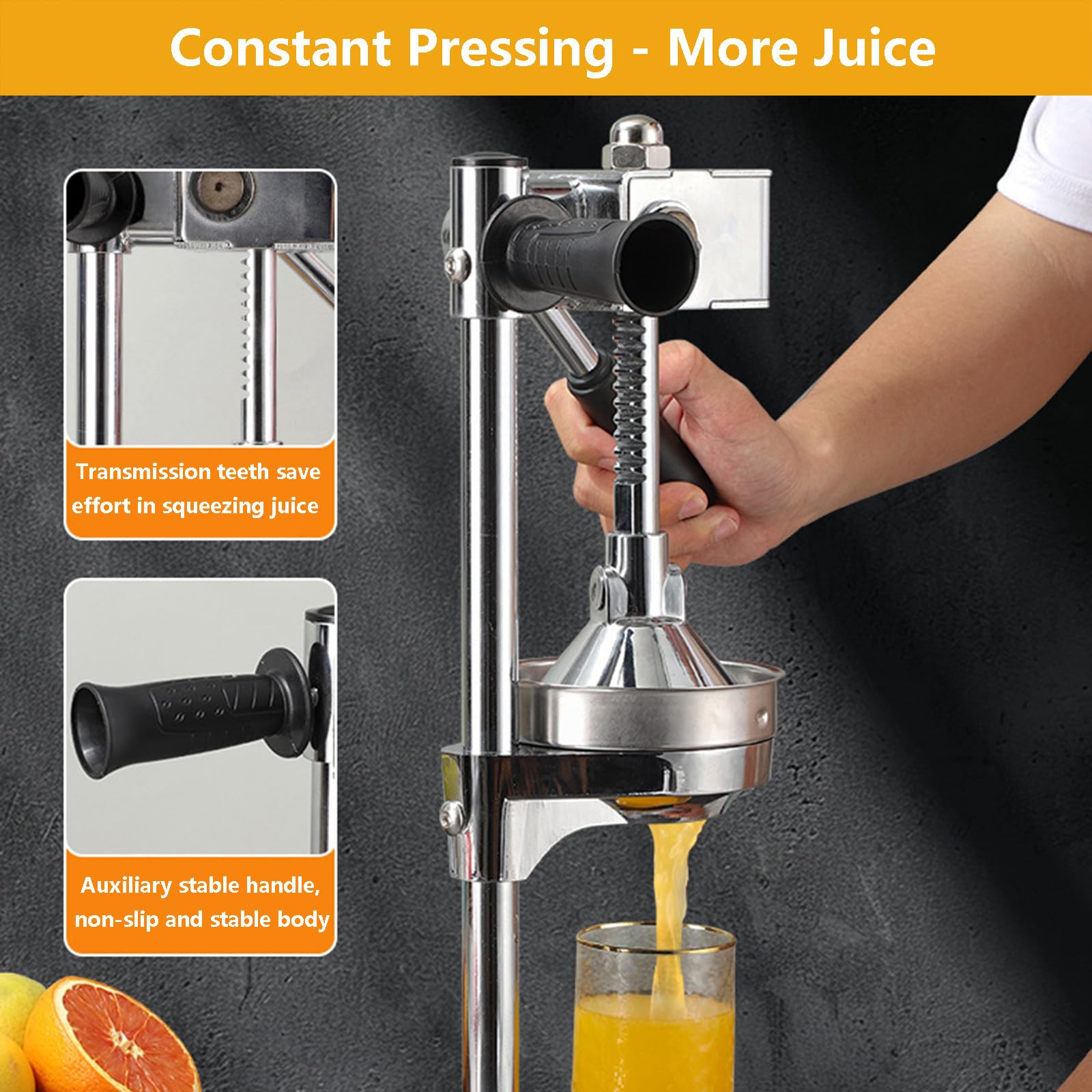 Manual Citrus Press Juicer Machine for Commercial, Professional Squeezer and Crusher for Lemon Watermelon Orange - Includes 2 Moulds and 2 Small Juicers, Easy Juice Extraction,silver,Black