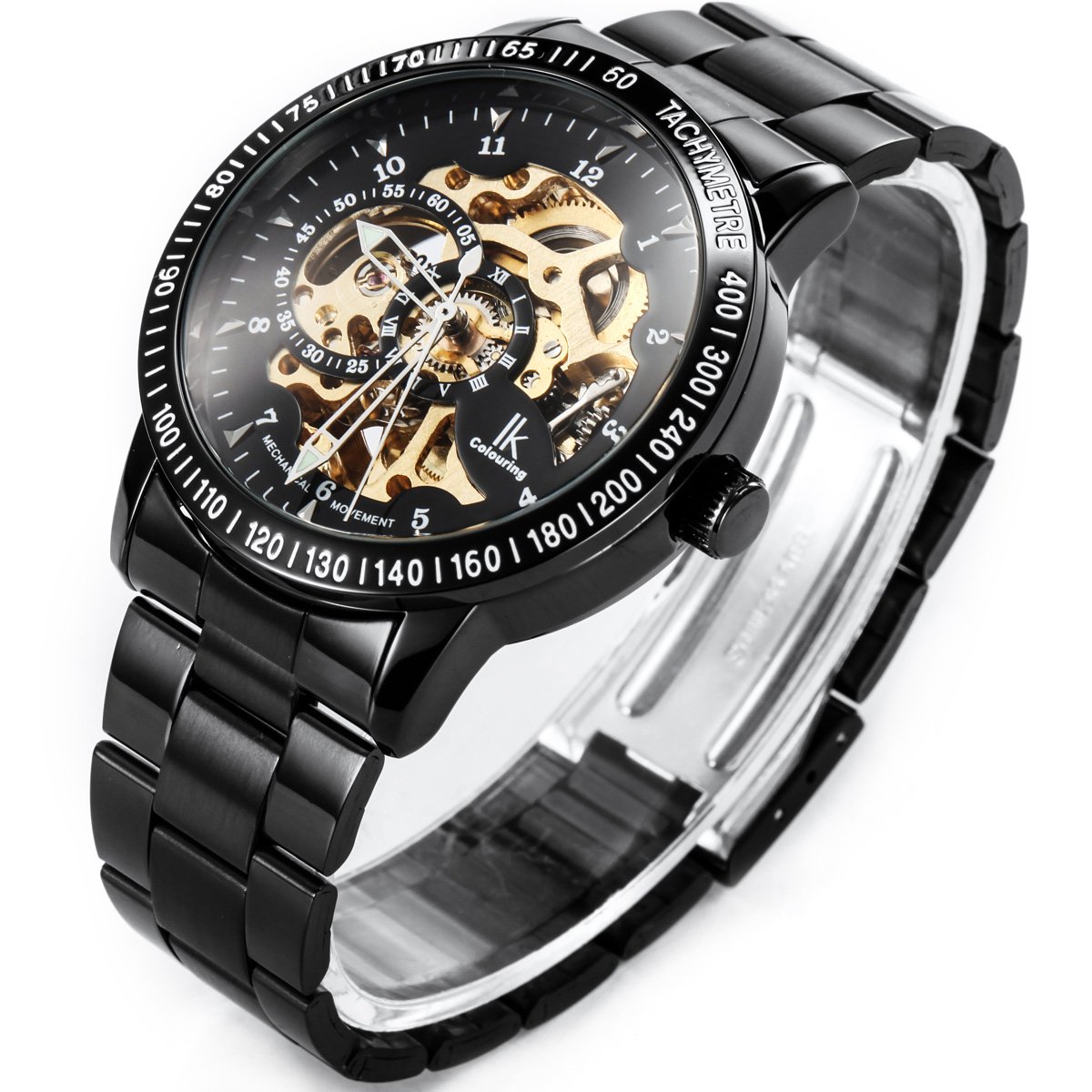 Alienwork IK Reloj Automático Hombre Mujer Negro Pulsera de Metal Acero Esqueleto Fondo de Vidrio