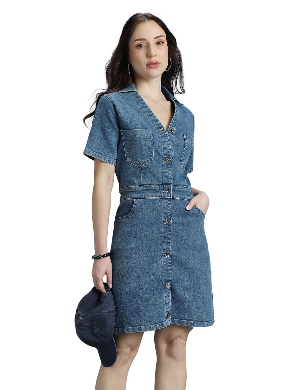 inkd Women's Midi Denim Dress - Half Sleeves | Denim Shirt Dress for Women | V - Neck | Short Dress-picture-20