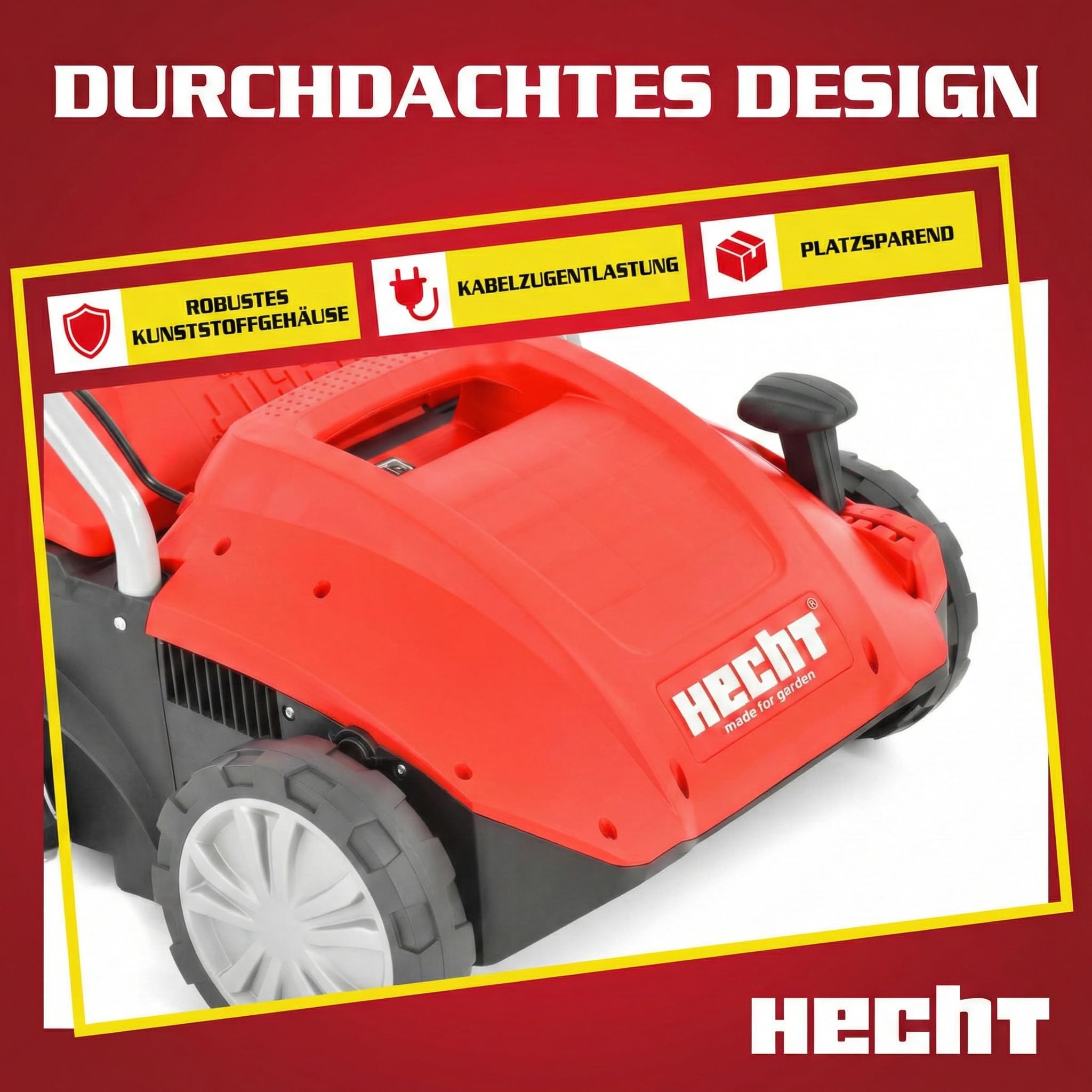 HECHT brandneuer 2 in 1 elektro Vertikutierer - Vertikutierer Elektro für einen schönen grünen saftigen Rasen – Starke 1500 Watt mit Lüfter- und Messerwalze - großzügiger 35l Auffangsack – elektrisch