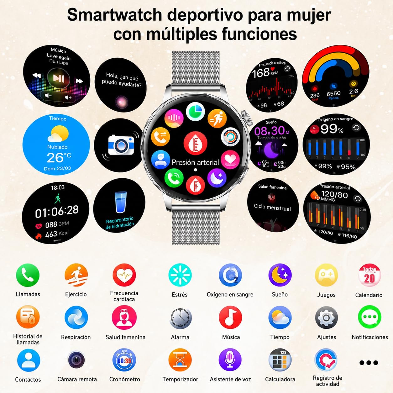 Reloj Inteligente Mujer Pequeño Redondo con Llamadas, 1,27" HD, 2 Correas
