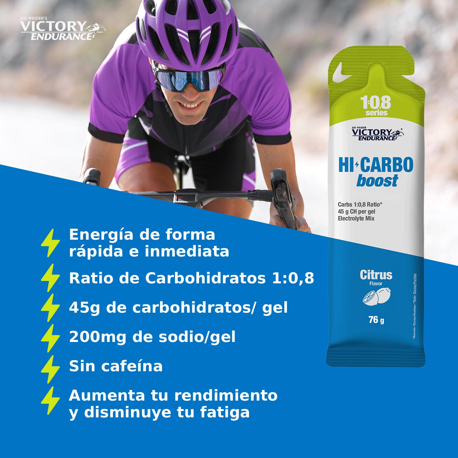 Victory Endurance HI Carbo Boost Gel 1:0,8 Series (12x76g) Sabor Cítricos Sin Cafeína, Alto en Carbohidratos con 45g/gel, 200mg sodio/gel, Energía inmediata, Aumenta Rendimiento, Disminuye Fatiga