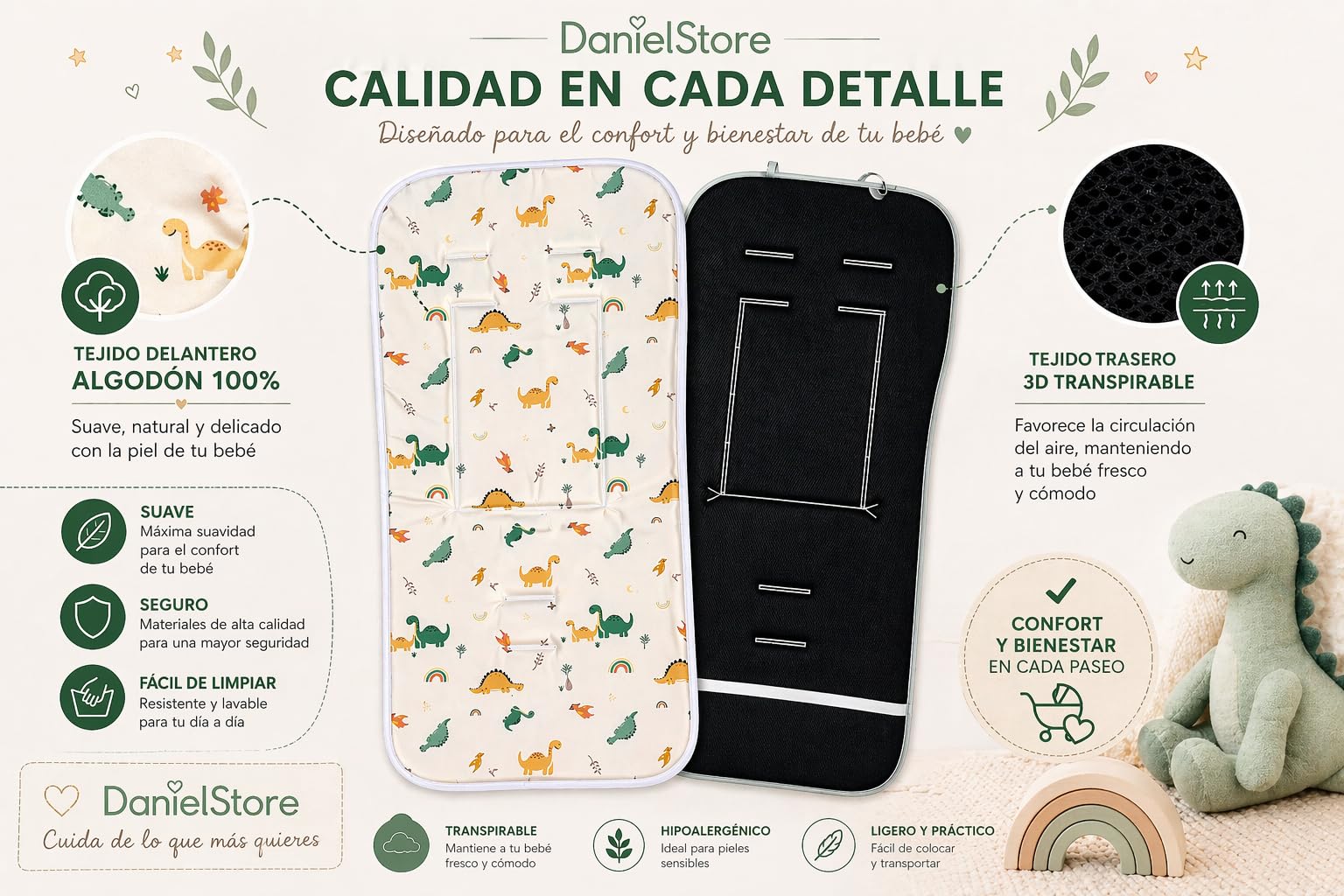 Colchoneta Silla de Paseo Universal Transpirable 3D para Bebé – Funda Carrito Verano Antisudor, Cojín Acolchado Silleta, Compatible con Cochecito, Ligera, Lavable – Danielstore