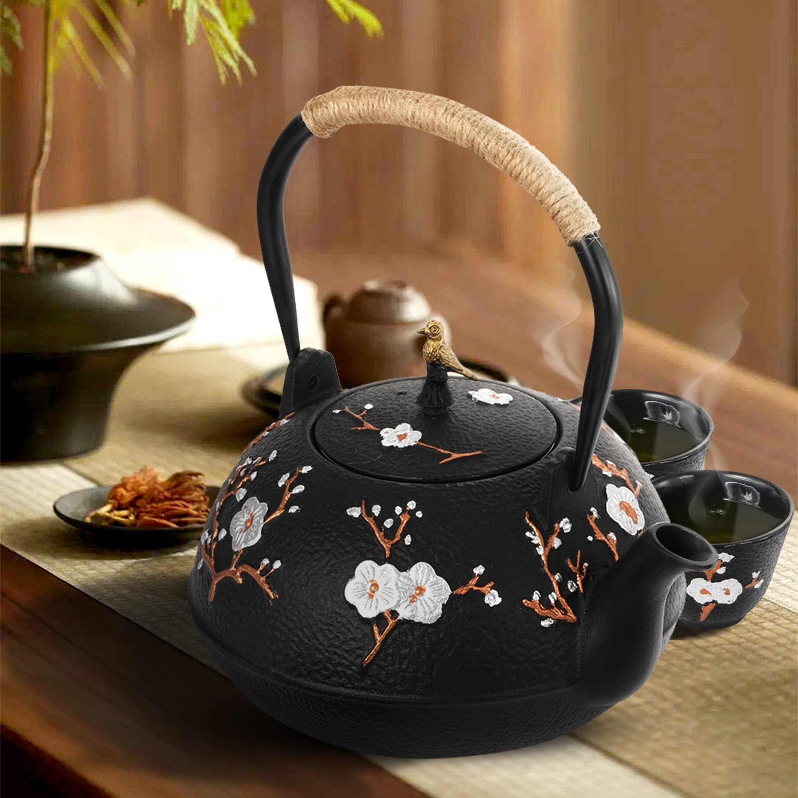Dyna-Living Gusseisen-Teekanne, 1200 ml japanischer Tetsubin-Teekessel mit Teesieb, glänzende Emaille innen, Teekannenhalter, Heimgesundheit Eisentopf für Herd