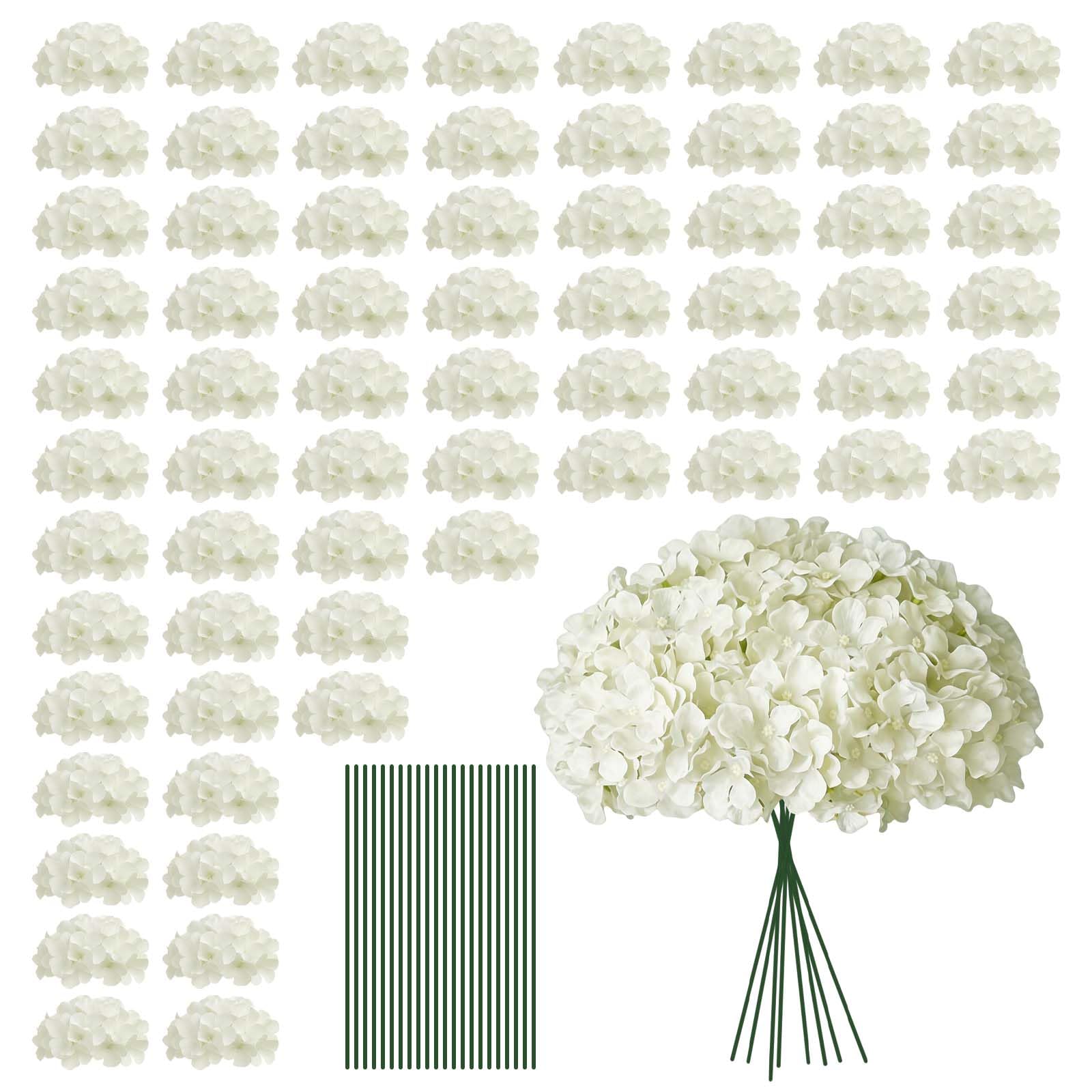 Photo 1 of 100 PCS White Hydrangea Artificial Flowers, Faux Hydrangea Flowers, Fake Hydrangeas, Silk Hydrangea Flowers with Stems, White Artificial Flowers Bulk for Wedding Party Decor Bulk Artificial Flowers