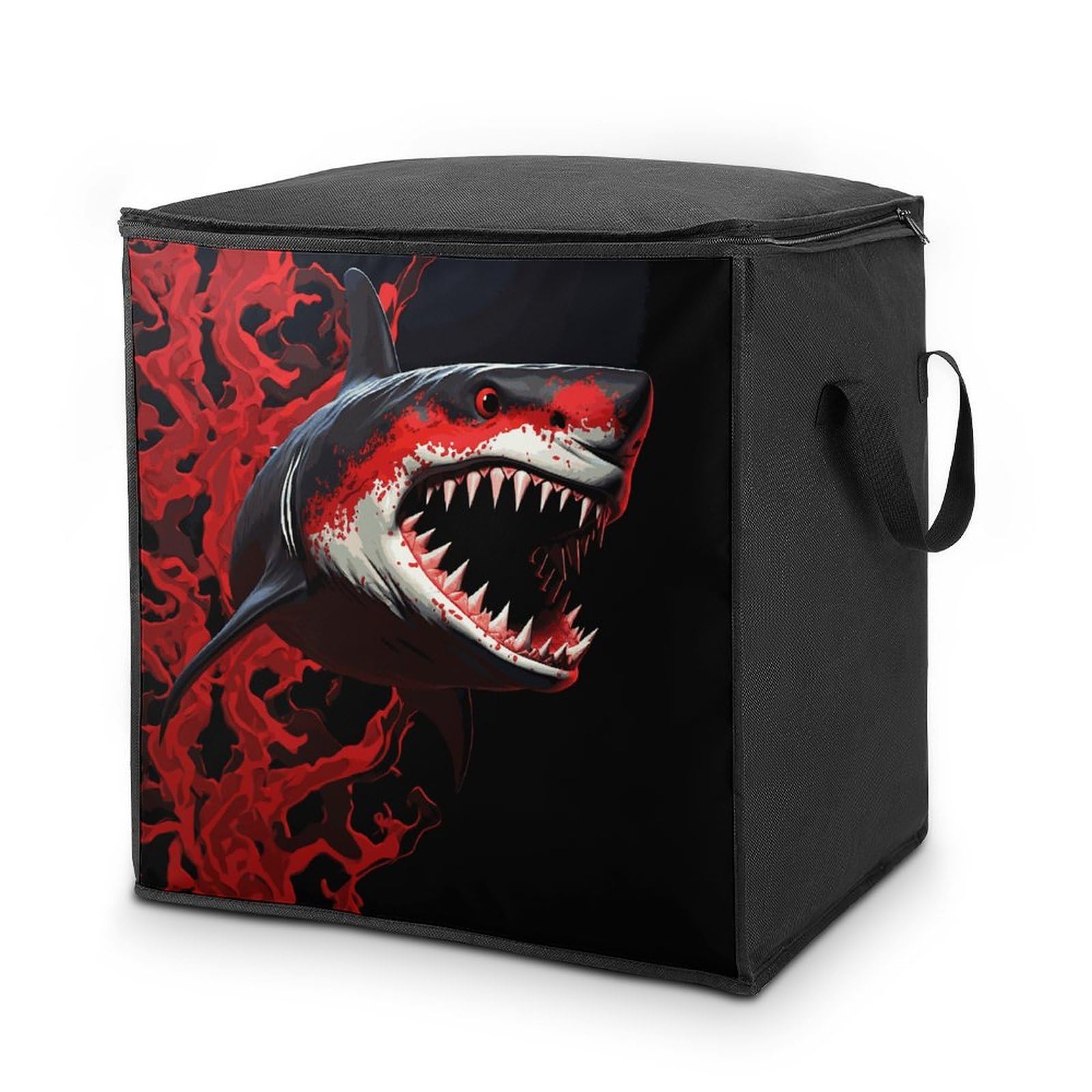 Red-black Shark Storage Bag with Zippers And Handle Extra Large Bedding Comforter Storage Bag Foldable Blanket Storage Bags Fabric Moving Bags for Closet Organizer (70L)