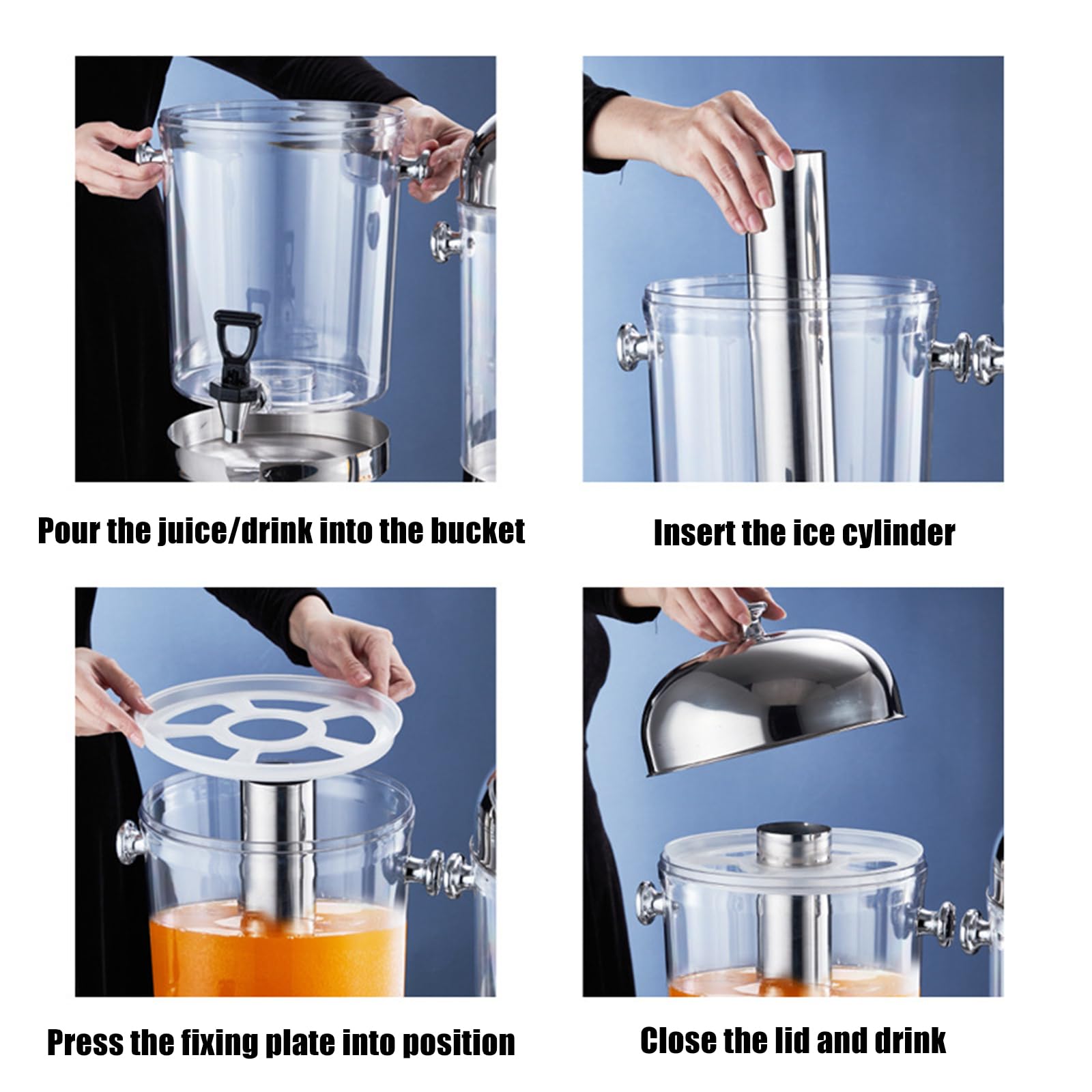 Dispenser per succhi di frutta, in acciaio inox, con rubinetto e contenitore per ghiaccio, per servire bevande fredde e calde, cocktail, acqua e rinfreschi refrigerati