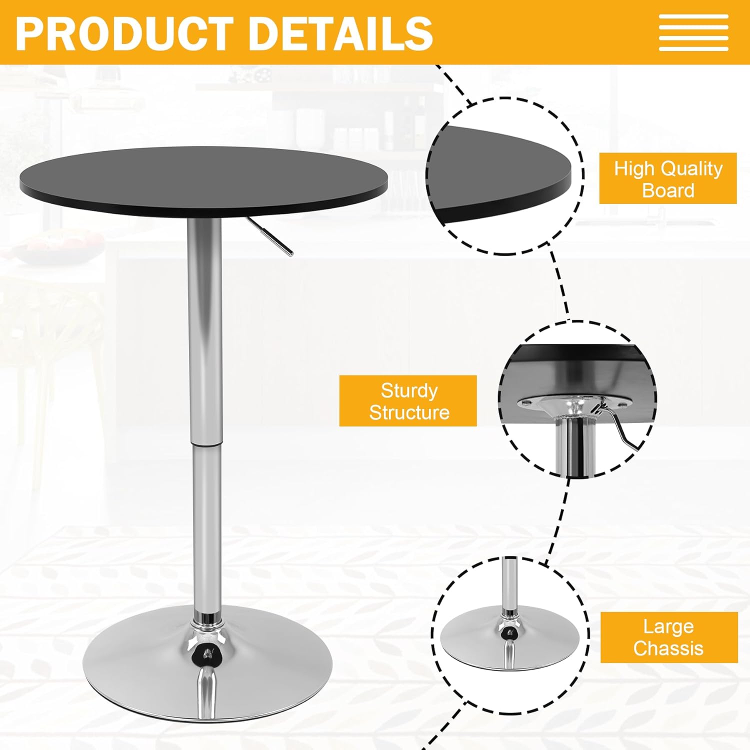 BLKMTY Round Bar Table Adjustable Height and 360° Swivel Bar Tables Counter Height Cocktail Bistro Table with MDF Top, Silver Leg Base for Bar, Bistro, Café, Black