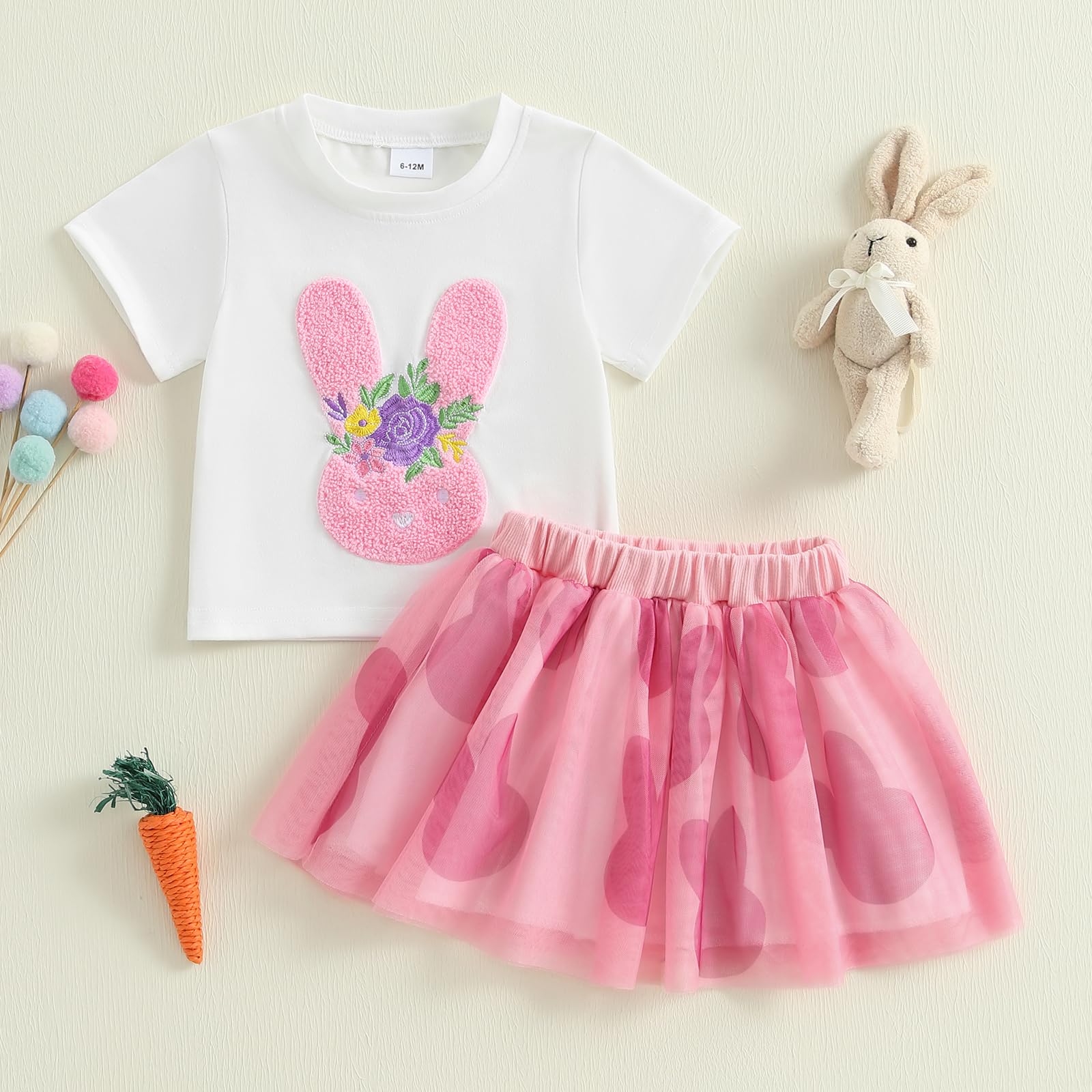 Rourufy Toddler Girl Easter Outfit Infant Rainbow Bunny T Shirt Tutu Tulle Skirt 2pcs Set Spring Summer Princess Dresses (A Rainbow Bunny Pink, 3-4T)