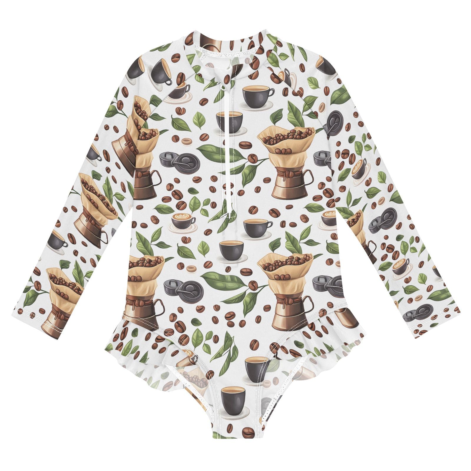 ALAZA Toddler Swimsuit Girl Bathing Suit Swimwear Rash Guard Coffee Beans Coffee Cups Long Sleeve 3T