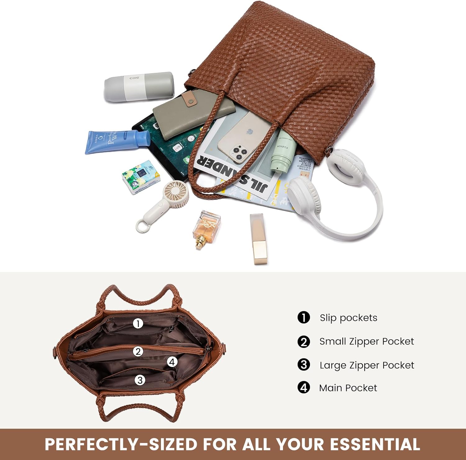 LOVEVOOK Woven Tote Bag for Women Vegan Leather Shoulder Handbag for Travel Work Crossbody Purse - Image 3