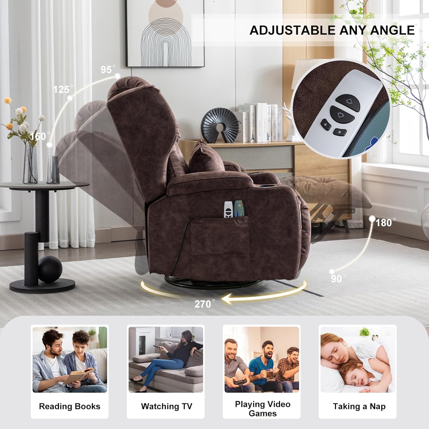 Power Swivel Rocker Recliner Chair Home Theater Seating Electronic Upholstered Movie Gaming Reclining Sofa with Heat Massage/LED Light/USB Port/Cup Holders/Pockets