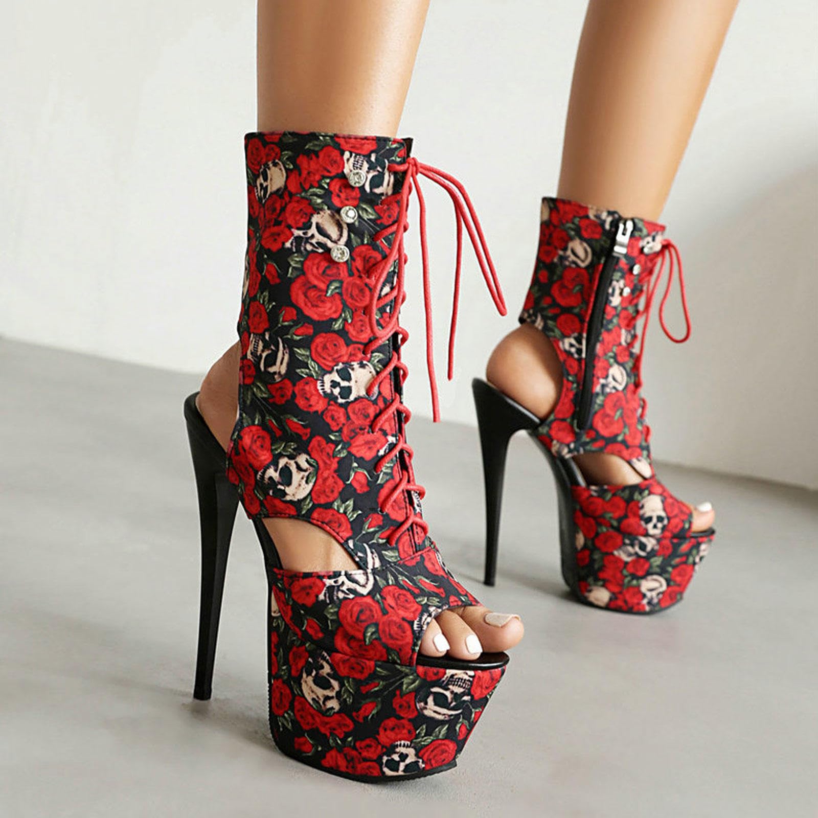 High Heels Frauen Offene Zehe Plattform Sandalen Stiefel Print Slingback Stiletto Pumps Prom Party Kleid Tanzschuhe 16cm,Red-42