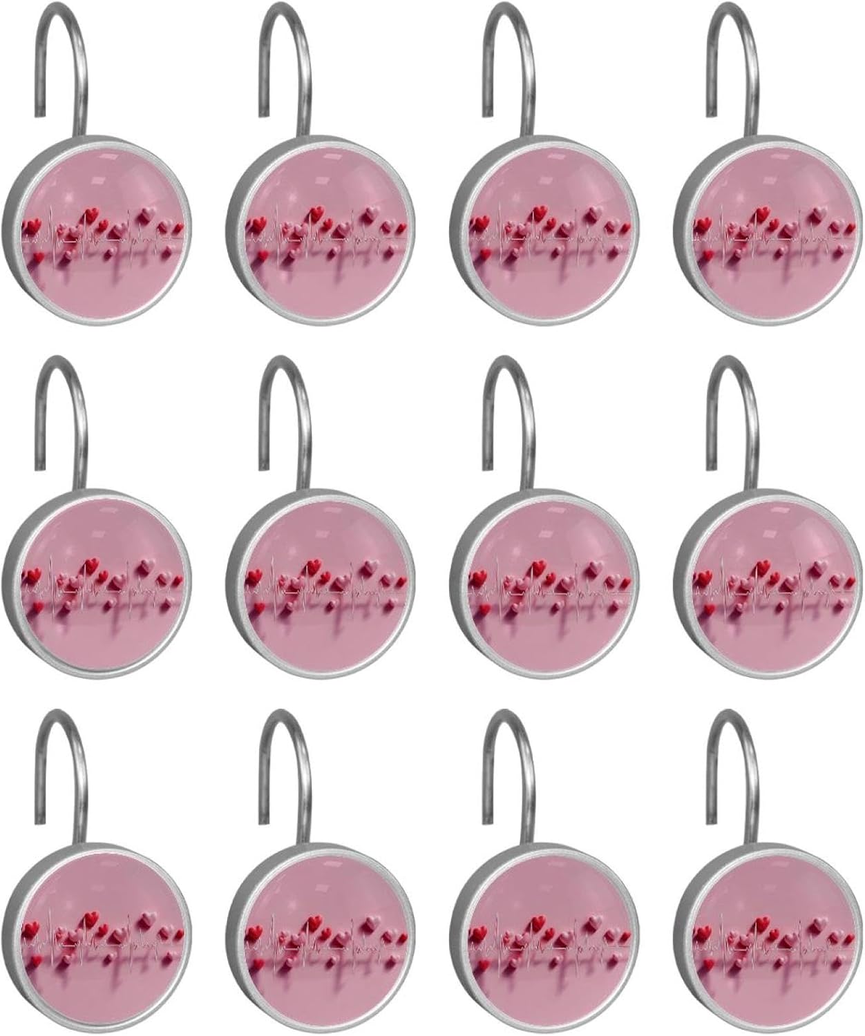 Electrocardiogram Heart Beat with Cute H (2) Round Crystal Glass Decorative Shower Curtain Hooks with 3D Pattern Visual, Rust Proof Shower Curtain Rings-12 Pack