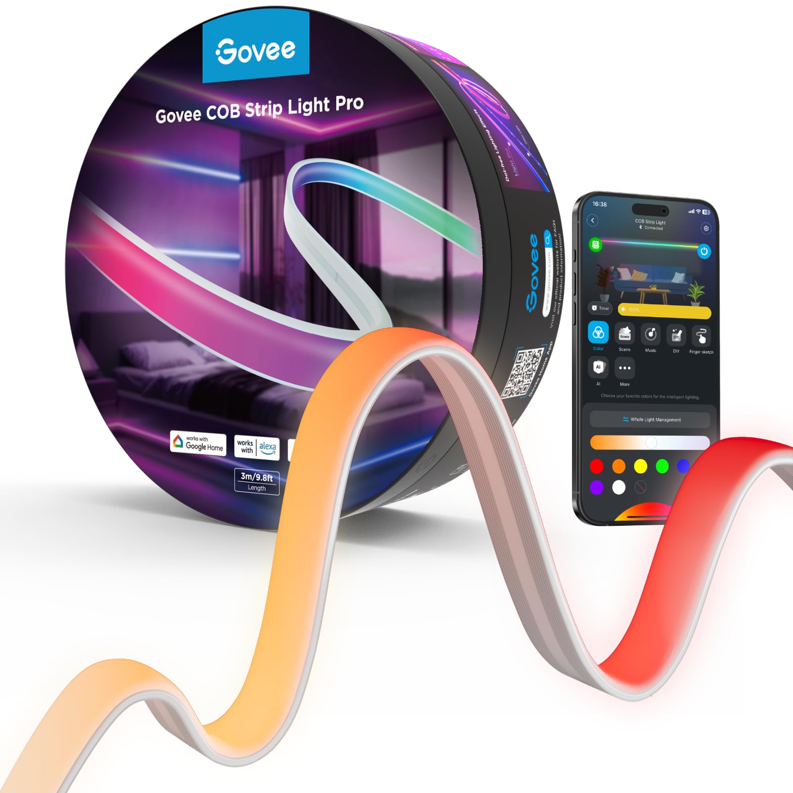 COB LED Strip Light Pro, LED Lights for Bedroom Compatible with Alexa, Google Assistant and Matter, RGBICW Light with Warm White, Smart Strip Light, LED Lights for Bedroom, Color Changing, 9.8ft