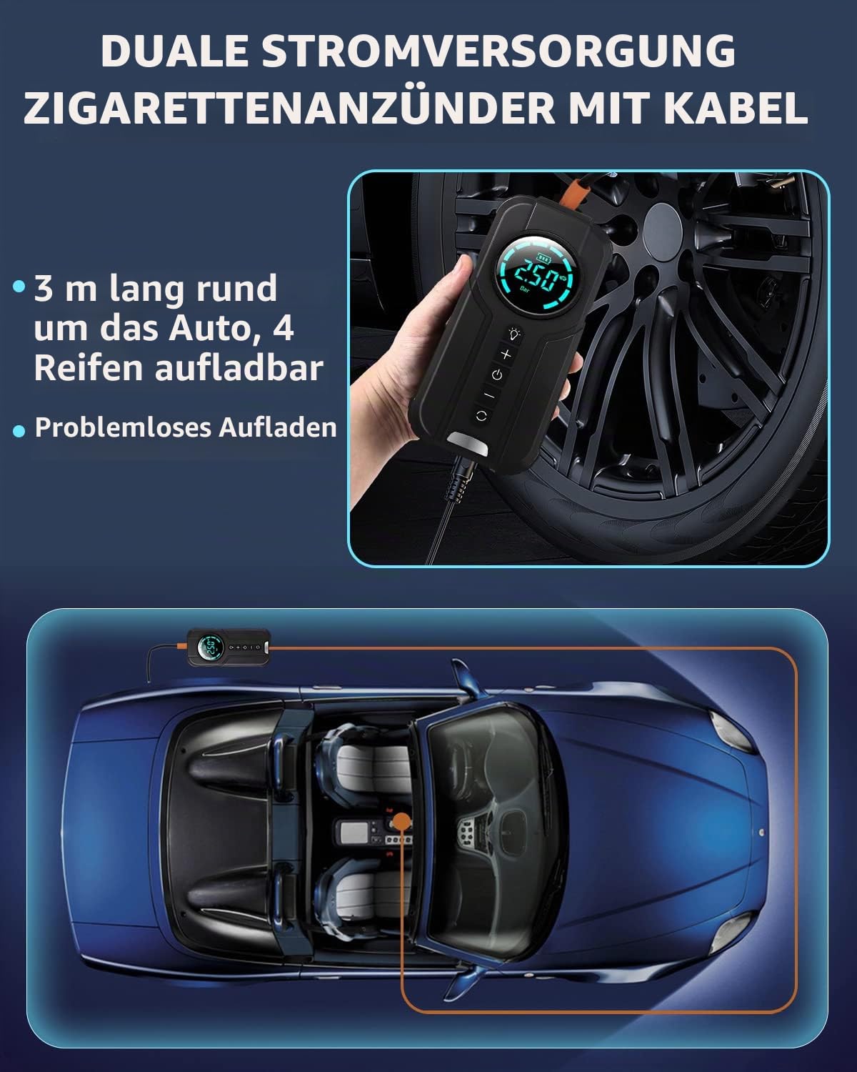 VICKSONGS Elektrische Fahrradpumpe, 7200mAh Elektrische Luftpumpe Fahrrad Kompressor, 180PSI Fahrradpumpe Elektrisch Wiederaufladbar für Auto Fahrrad Motorrad Basketball