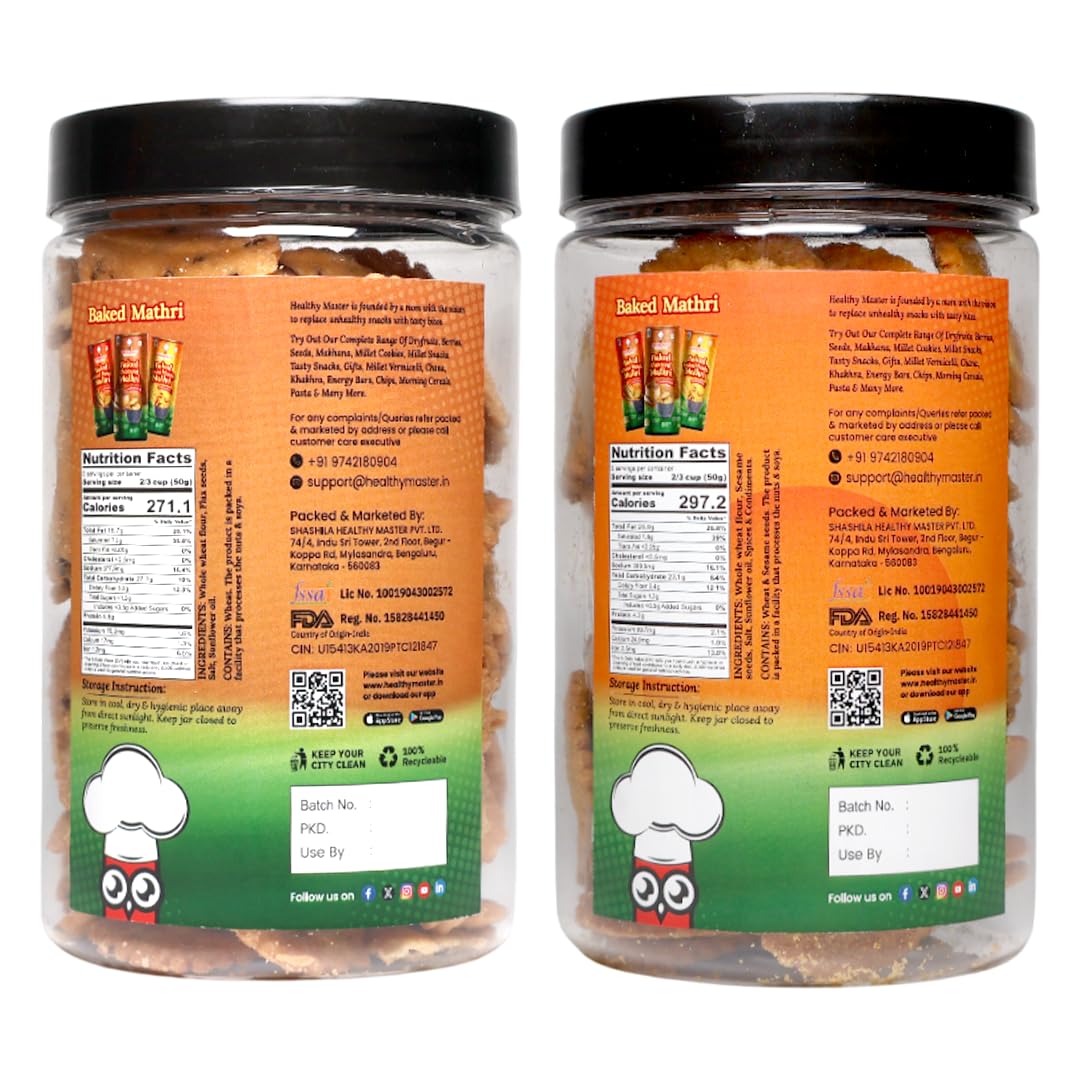 Healthy Master Wheat Mathri & Flax Seed Mathri Pack of 2 (8.8 oz Each) - Indian Tea-Time Crackers | Plant-Based, Low Fat Healthy Snacks for Adults | High Protein, Crunchy, Ready to Eat