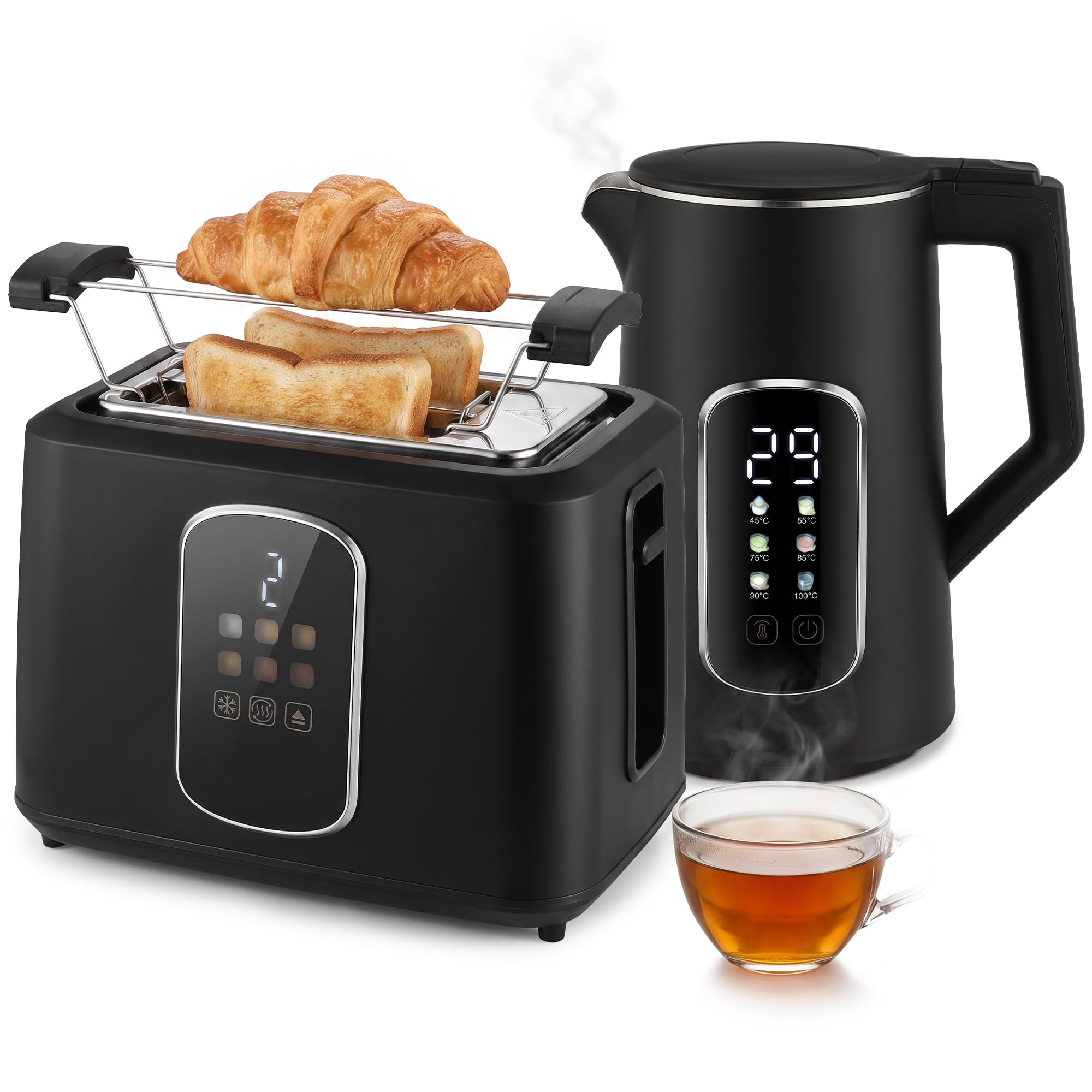 HOMCOM 1.5L 3000W Kettle and Toaster Set with LED Touch Screen, Black