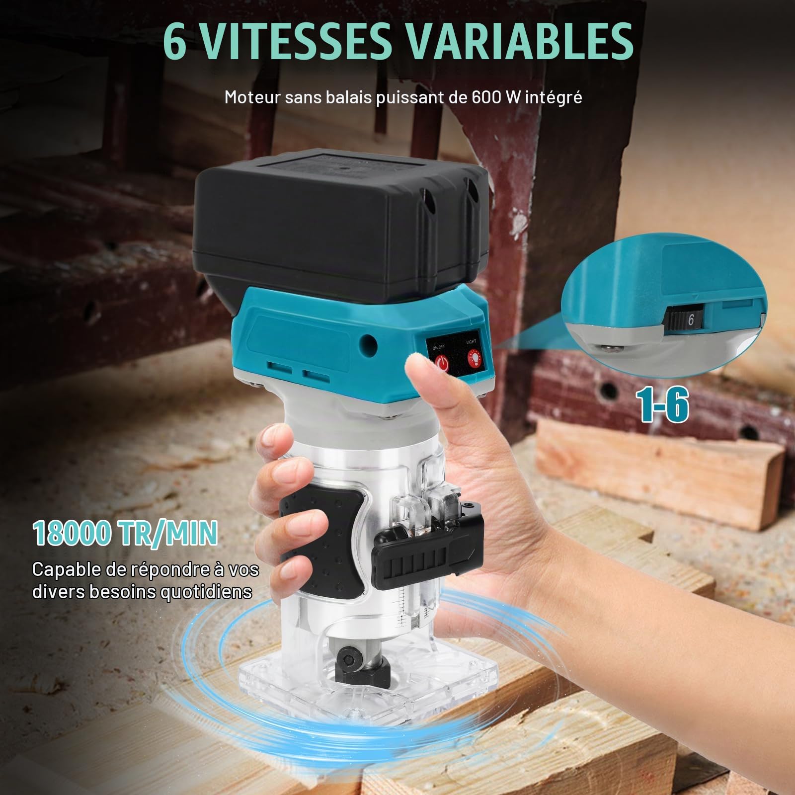 Bois Défonceuse Affleureuse pour Makita 18V Batterie, 1300W Ø 8 mm ou 6 mm, 13000-30000RPM, 6 Vitesses Variables (sans batterie)