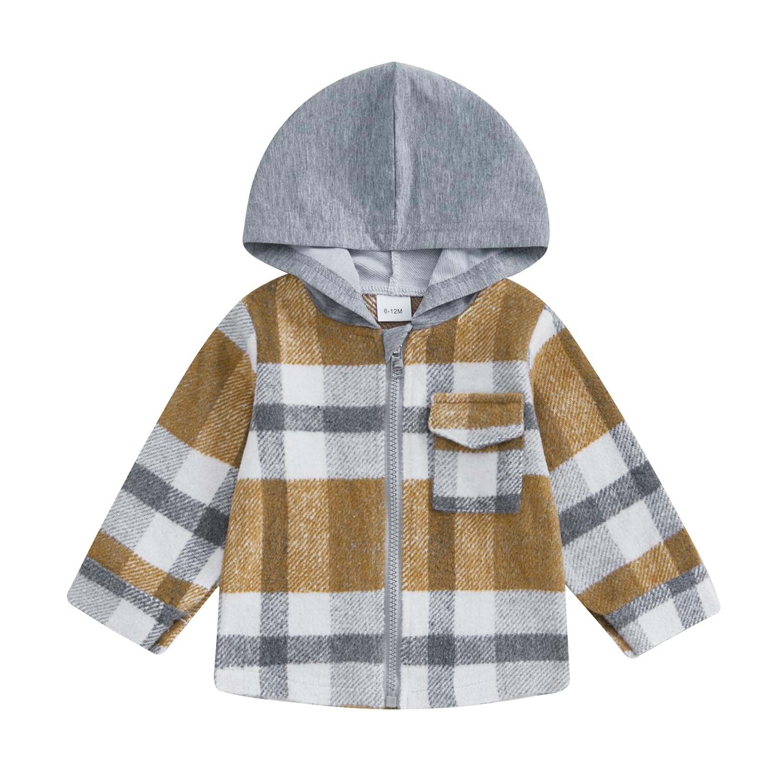 Douhoow Toddler Boys Jackets Baby Flannel Hoodies Boy Girl Zip Up Plaid Hooded Shirts Baby Fall Winter Festival Outfits (Brown, 6-12 Months)