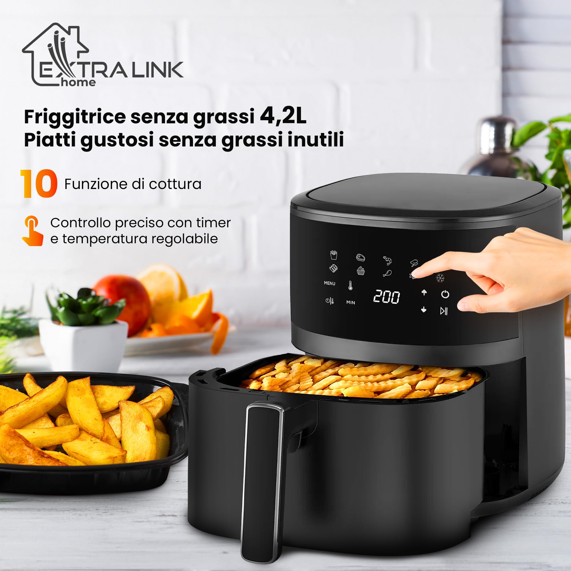 Extralink Friggitrice ad Aria 4,2L 1400W Air Fryer 10 Programmi Touch