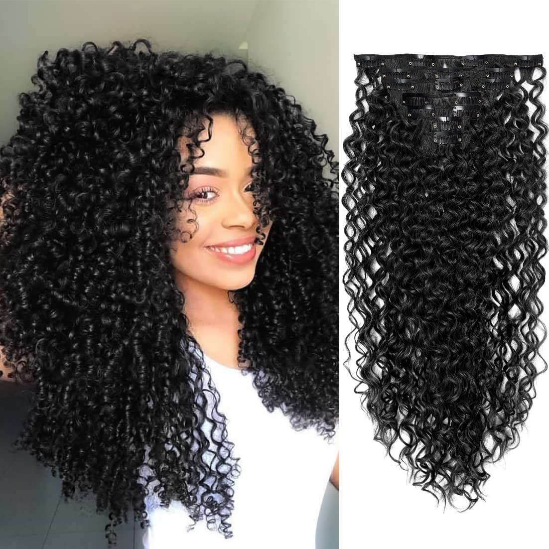 Kinky Curly Clip in Hair Extensions for Women 18 Inches 7Pcs Set Double Weft Synthetic 3B-3C Curly Wave Clips in Hairpieces (1B Black)