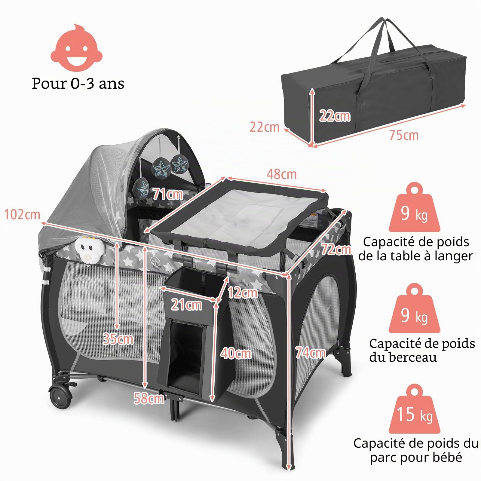 LIFEZEAL Lit Parapluie Bébé avec Matelas et Table à Langer, Cododo Bébé Evolutif avec Jouets et Moustiquaire, Lit Pliant avec Sac de Transport, Charge de 15 KG, 0-36 Mois (Girs)
