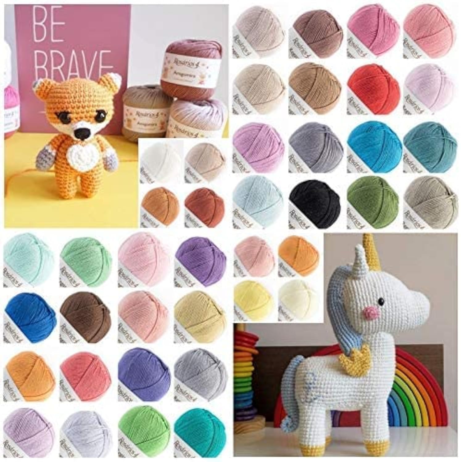 Amigurumi Häkelgarn, 40 x mehrfarbige Packungen, 100 % Baumwolle, Häkelgarn, 40 verschiedene Farben, 40 x 20 g Garnbündel, 800 g XL-Packung (40 x mehrfarbige Packungen)