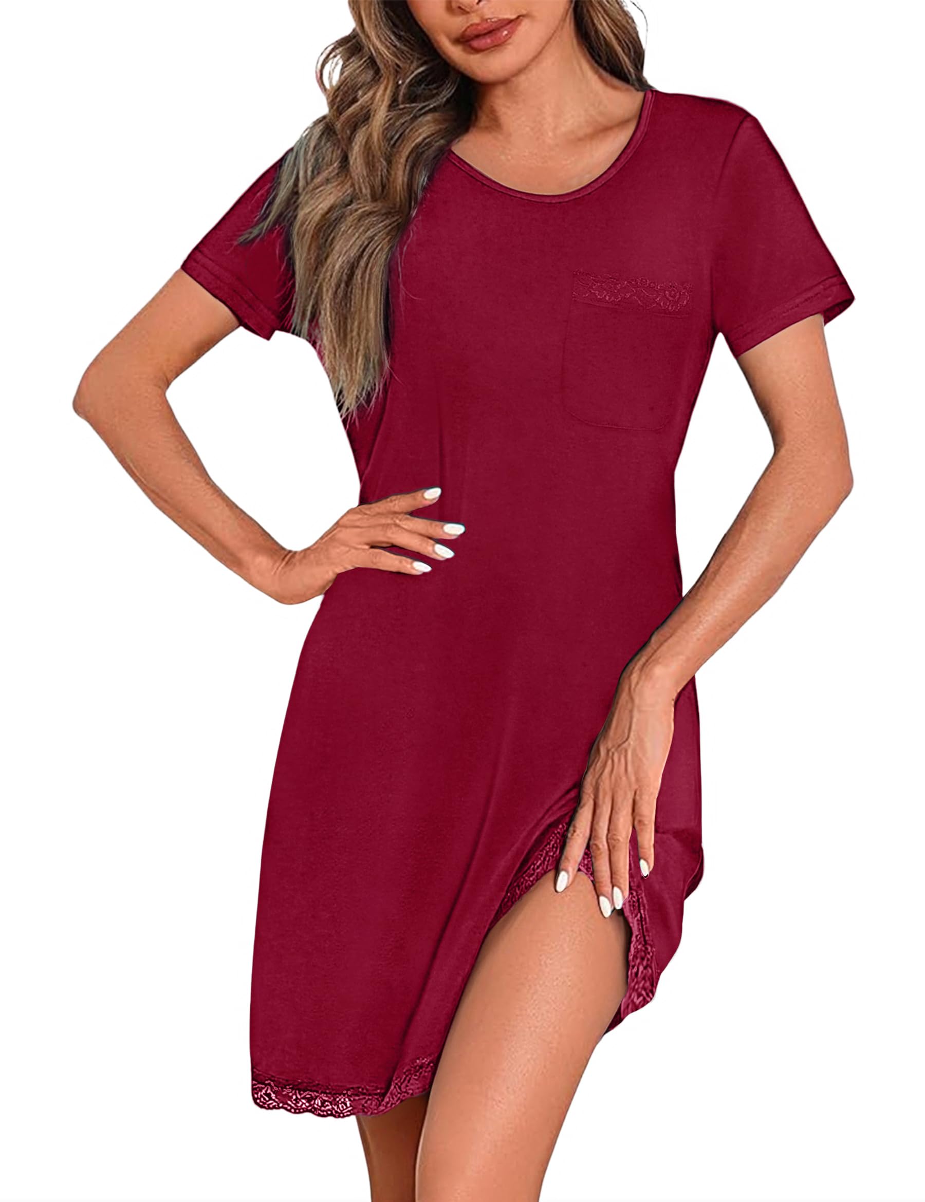 Demegimi Camicia da Notte Donna Cotone Estiva Camicie Notte Sexy in Pizzo Manica Corta Vestito con Girocollo per Casa