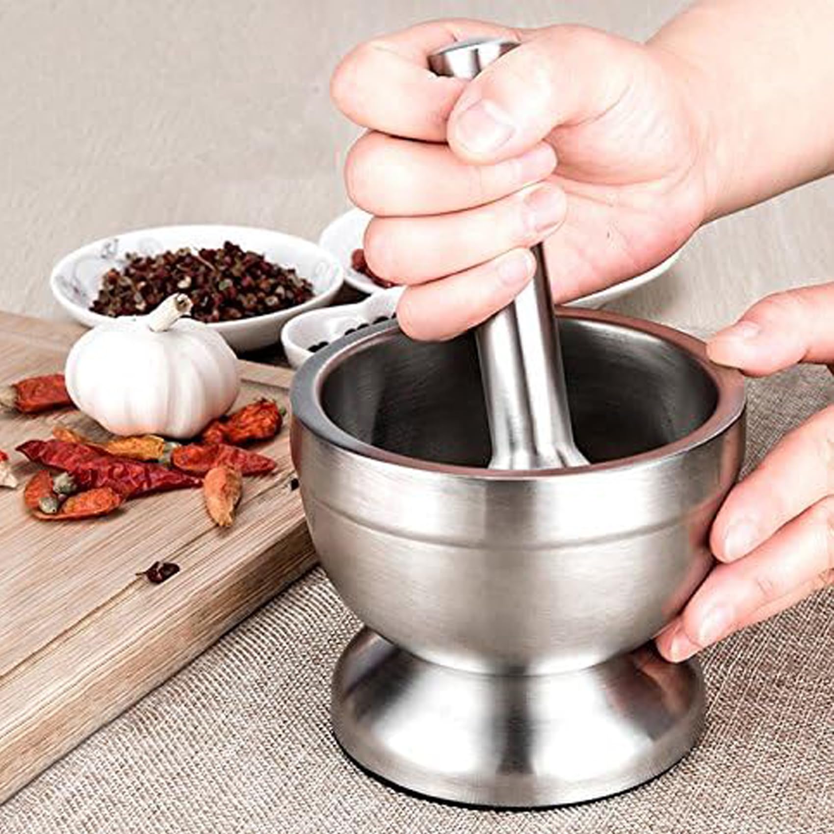 Molinillo de Especias, Mortero de Acero Inoxidable 304, Apto para Alimentos, con Cubierta de Plástico