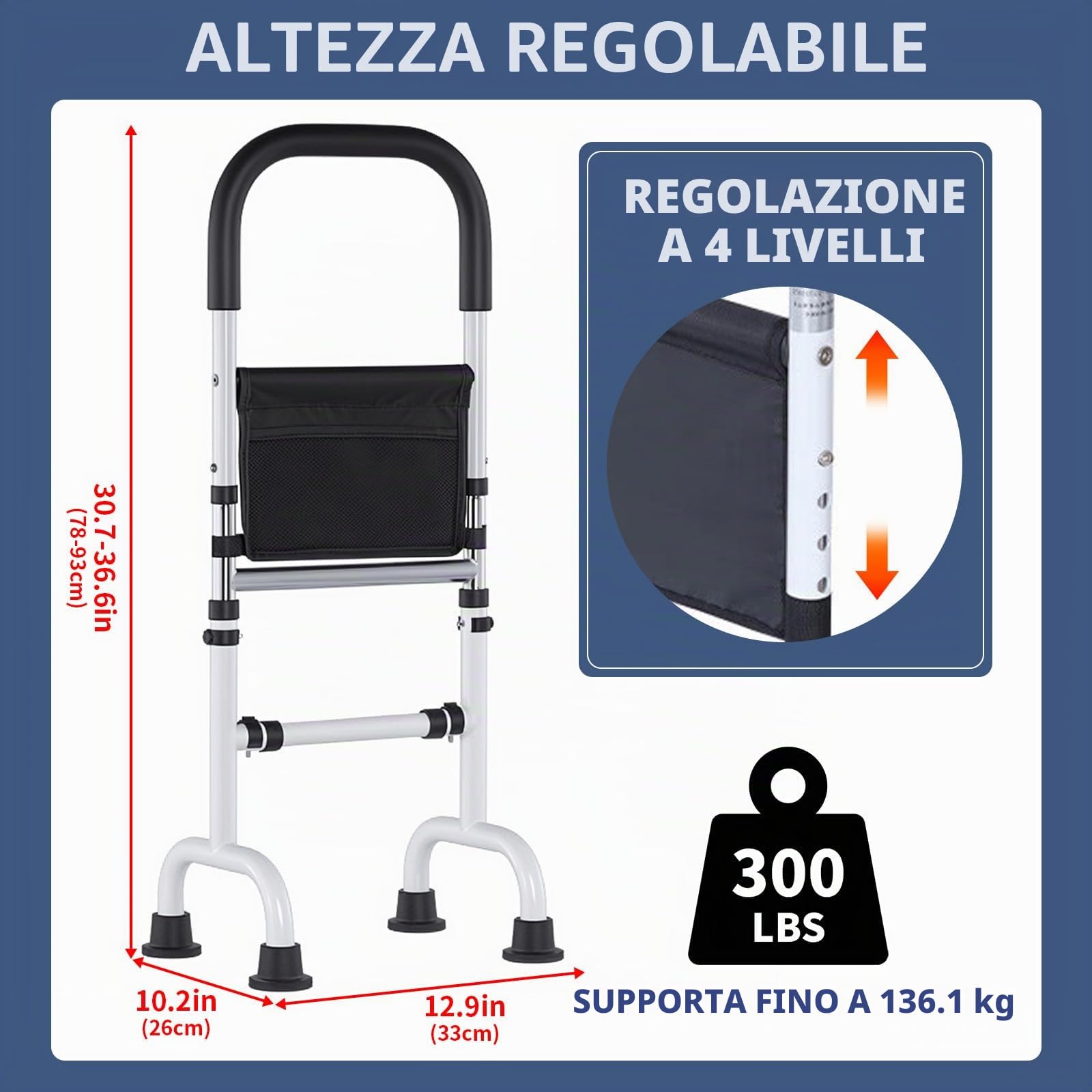 Ausili Per Alzarsi Dal Letto - Supporto Regolabile In Altezza, Struttura Robusta Con Piedi Antiscivolo, Ideale Per Maggiore Sicurezza E Comfort Durante L'Ascesa