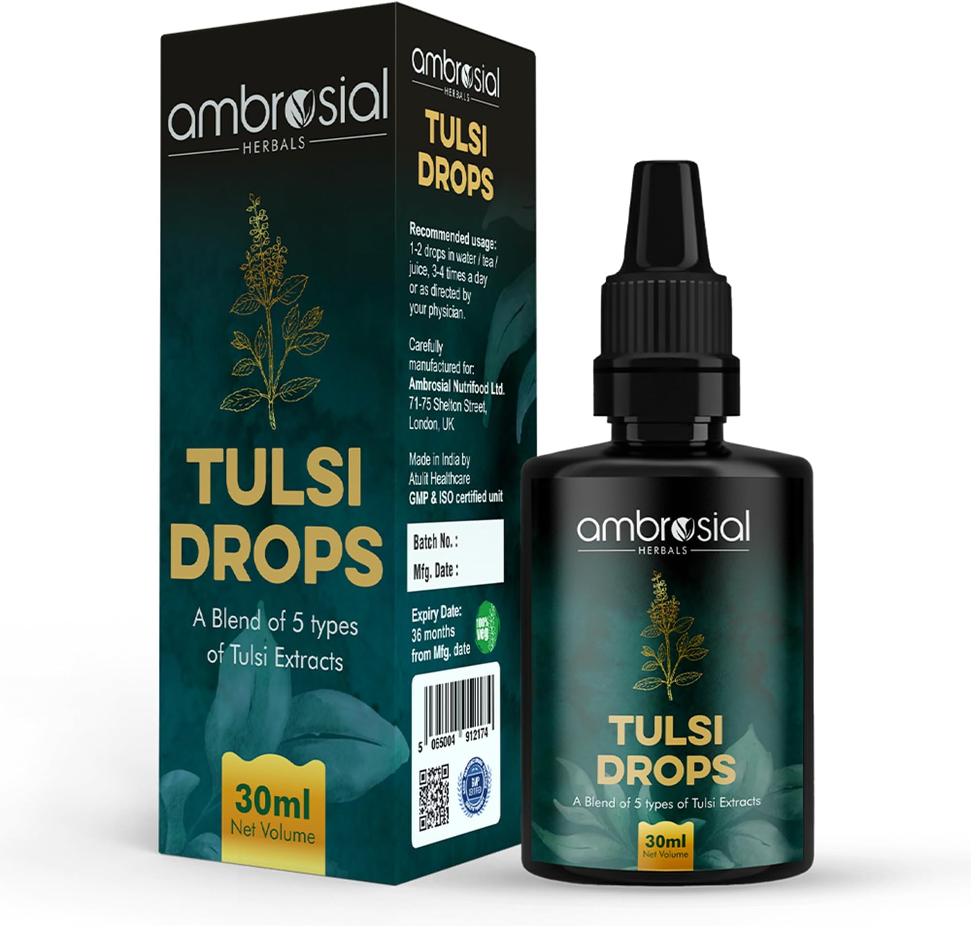 Ambrosial Tulsi Drops Concentrated Extract Of 5 Tulsi 30ml | Natural Immunity Booster | Relieves Cough & Cold | Raw Extract of Holy Basil Leaf (30ml)