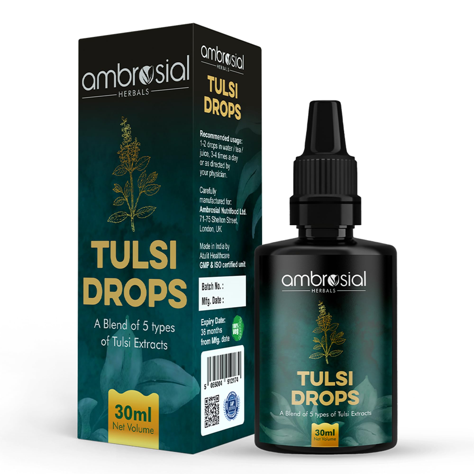 Ambrosial Tulsi Drops Concentrated Extract of 5 Tulsi 30ml | Natural Immunity Booster | Relieves Cough & Cold | Raw Extract of Holy Basil Leaf (Pack of 1)