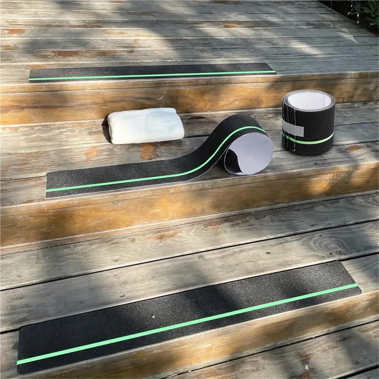 Cinta Antideslizante Cinta de tracción antideslizante que brilla en la oscuridad, con rayas verdes y adhesivo abrasivo de fricción for escalones de escalera, for interiores y exteriores.(Black 10pc)