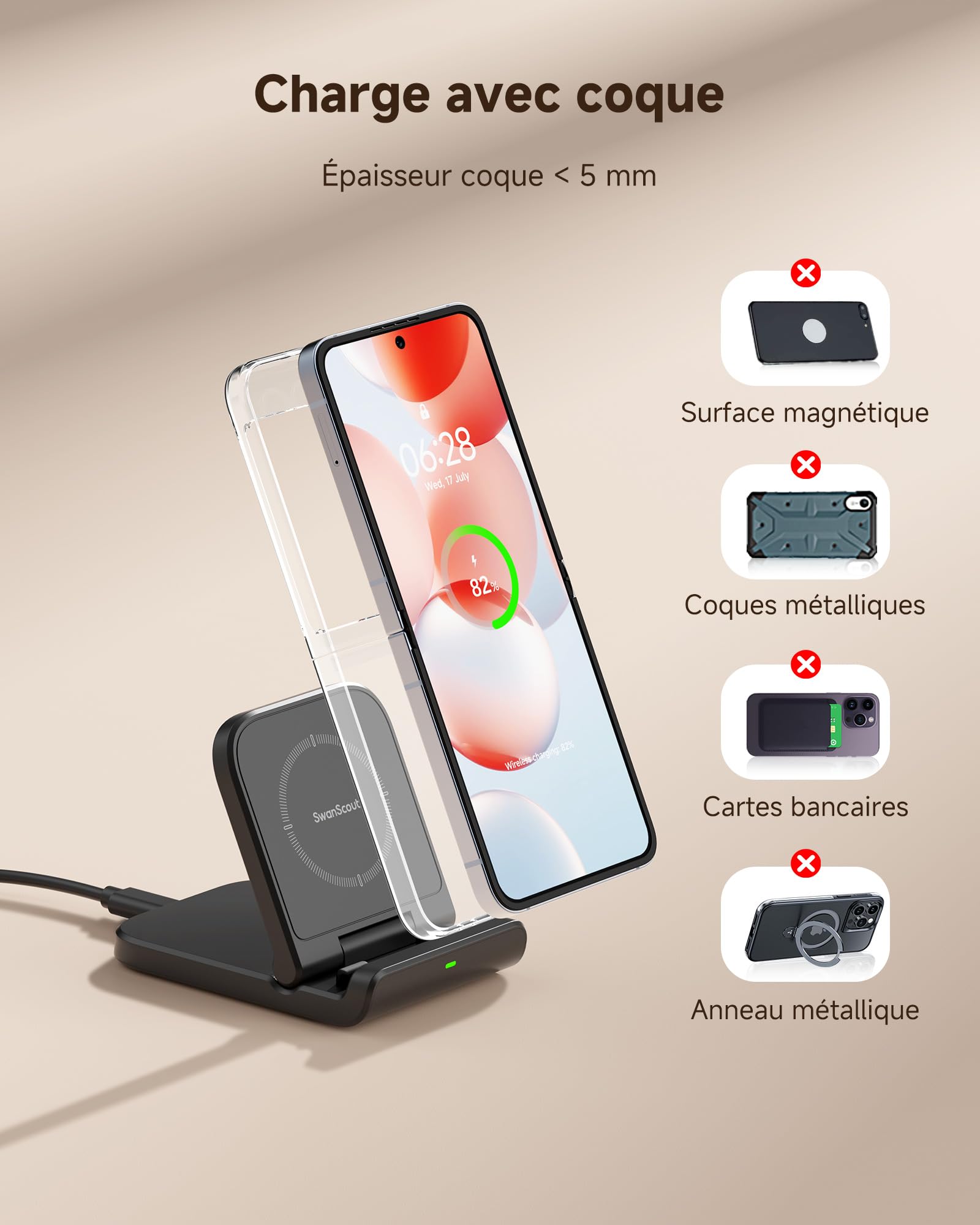 Chargeur Induction pour Samsung Galaxy Z Flip 7, Chargeur sans Fil pour Galaxy Z Flip 7 FE/6/5/4/3, Motorola Razr 60/50/40/Ultra, SwanScout 501S (Pliable) (Noir)