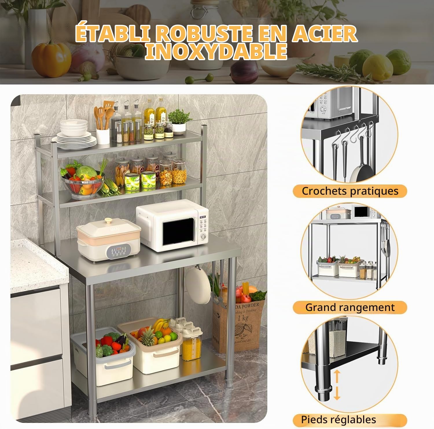 YODOLLA Table INOX Professionnel|Table Cuisine avec Rangement|Ch.450KG | 120x60x145cm Table de Travail Inox avec Étagère sur 2 Niveaux| Meuble de Gastronomie Cuisine Rangement Garage Cave
