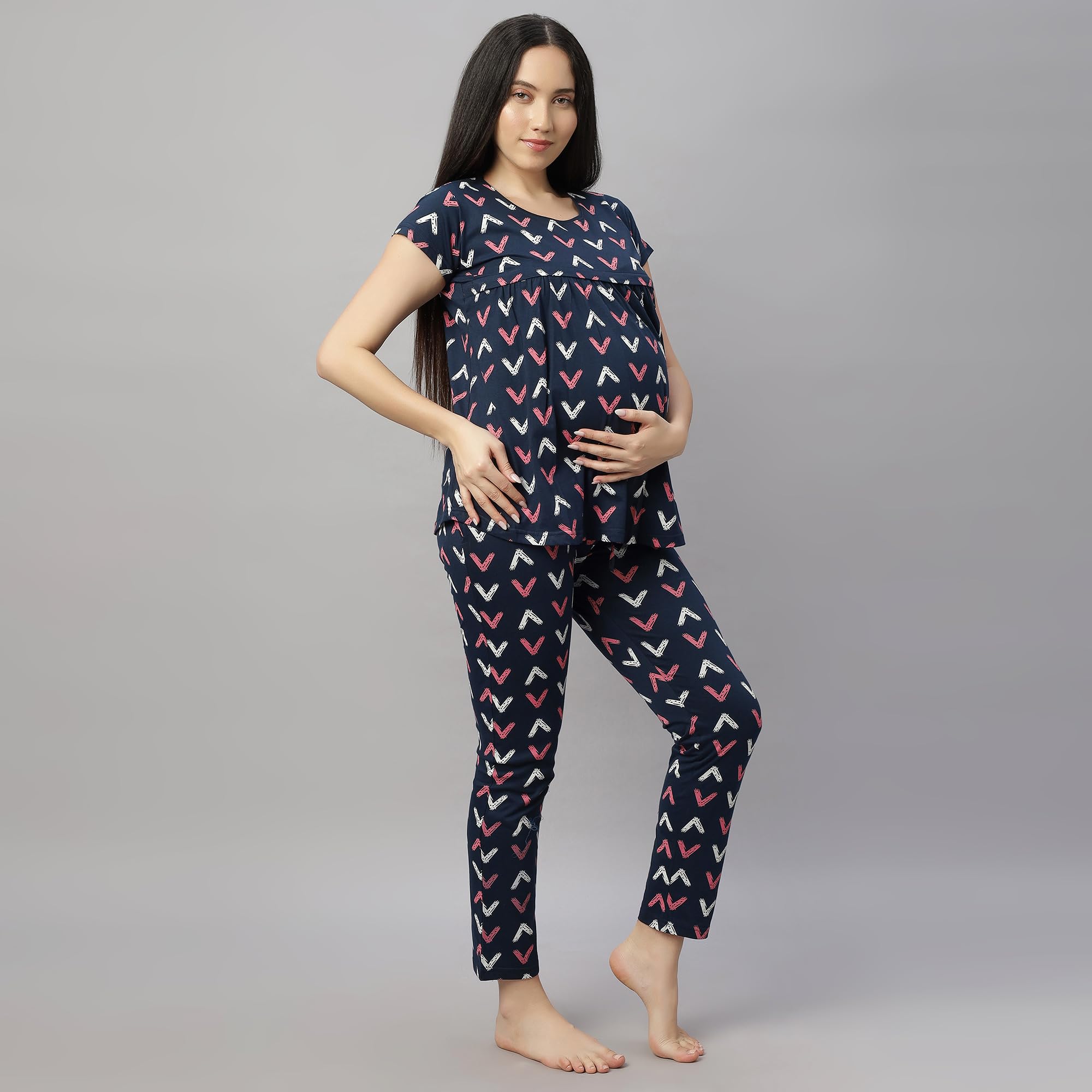 DZZO Cotton New Women's Printed Maternity Night Suit | Comfortable Feeding Night Dress | for Breathable Nursing Pajama Set | Color - Navy, Size - XL - Image 3 thumbnail
