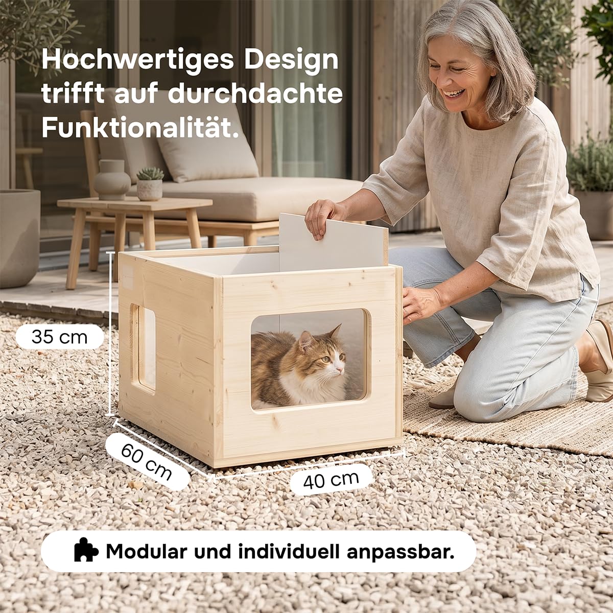 catcabin Katzenhaus für Draußen, Winterfest, Isoliert, Massivholz, Made in Germany, Outdoor Katzenhöhle (ohne Isolierung, Dach Siebdruck, Fichte-Fenster)