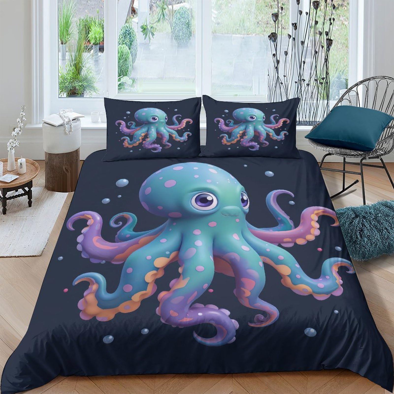 Ctjqhvkz Style-10 3D Printed Cartoon Octopus Fitted Sheet Microfiber Soft Breathable Deep Sea Mattress Cover For Bedroom Decor Single（135X200cm）