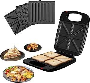 DMD® | 3-in-1 Family Toastie Maker Sandwich Toaster, 4 Slice Waffle Maker, Panini Press Deep Filled Removable Plates with Non-Stick Coating & Drip Trays 1200W