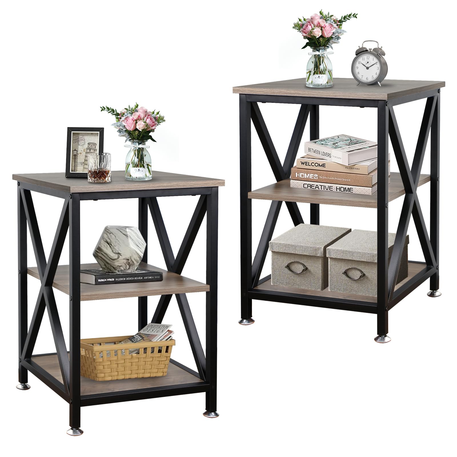 End Tables Living Room Set of 2, 16" D x 16" W x 24" H, Indoor Side Tables Living Room with Storage Shelf, Square End Table Set of 2, X-Shaped Night