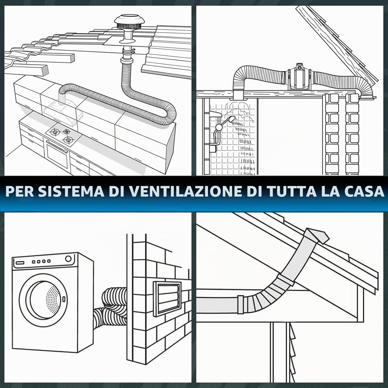 Hon&Guan Ø 125 mm Isolato PVC Tubo di Ventilazione in Alluminio Lunghezza 1,2m, Flessibile Cappa Cucina Tubo di Scarico con 2 Morsetti in Acciaio per Condizionatore, Garage, Stufa Pellet, Grigio