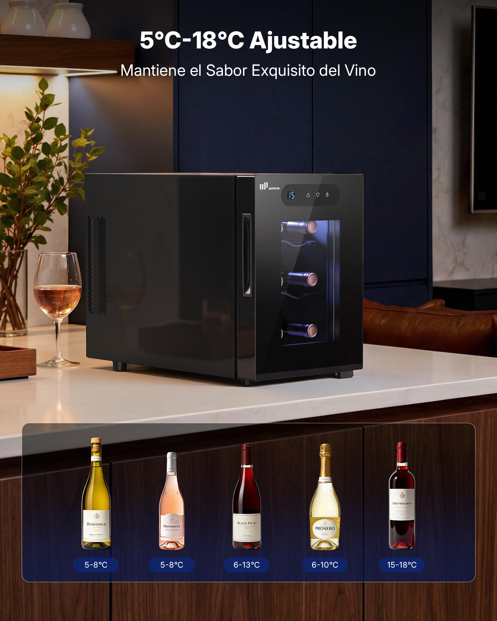 Upstreman Vinoteca para 6 botellas, 5-18 °C ajustable, pantalla táctil digital, silenciosa, doble cristal térmico anti-UV, iluminación LED | 5-18 °C ajustable, pantalla táctil digital, silenciosa, doble cristal térmico anti-UV, iluminación LED