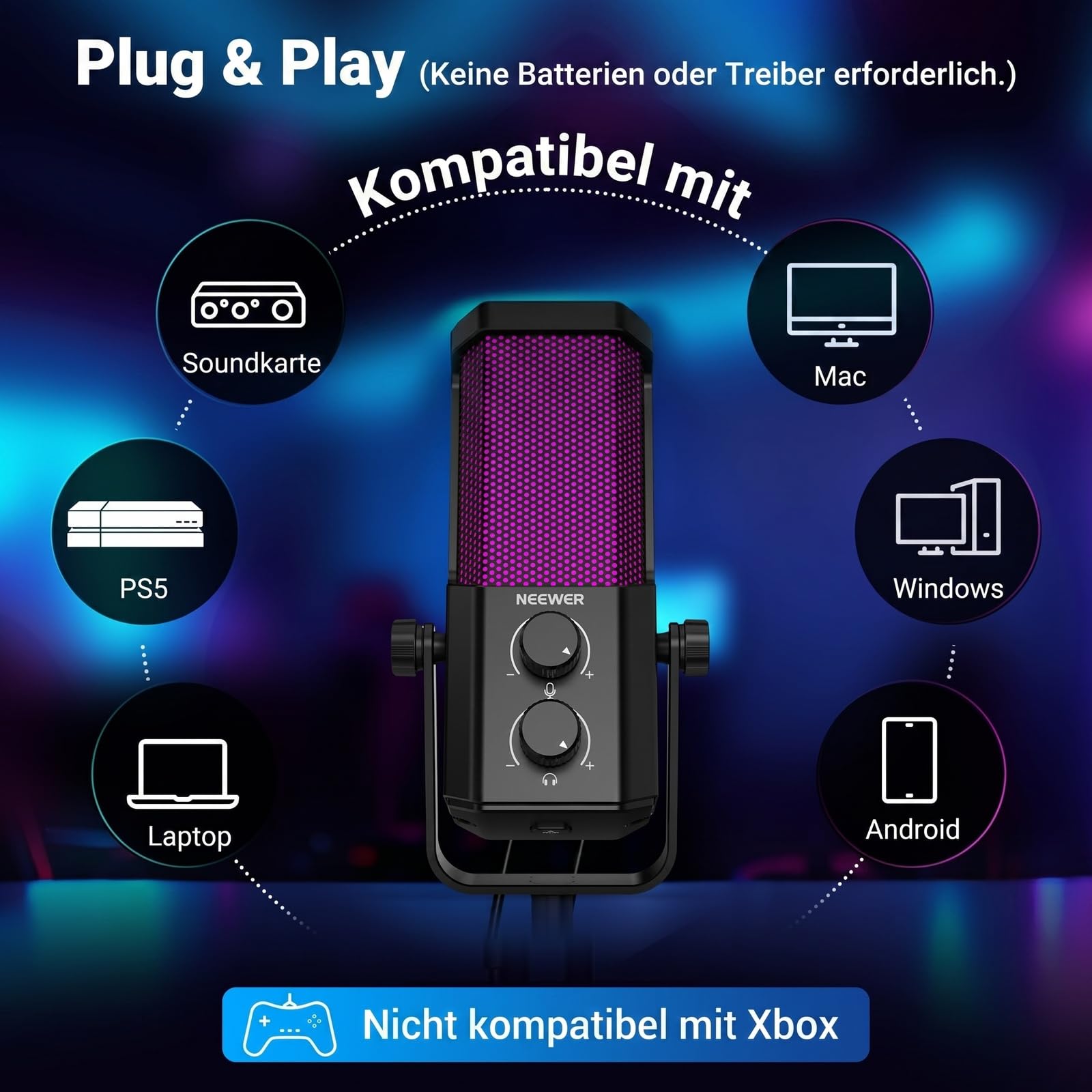 NEEWER UM01 USB Mikrofon mit AI Rauschunterdrückung, Plug & Play Kondensatormikrofon mit Nierencharakteristik und RGB, Stummschaltung/Musik Sync/App Steuerung für Android Windows PC Mac PS4/5