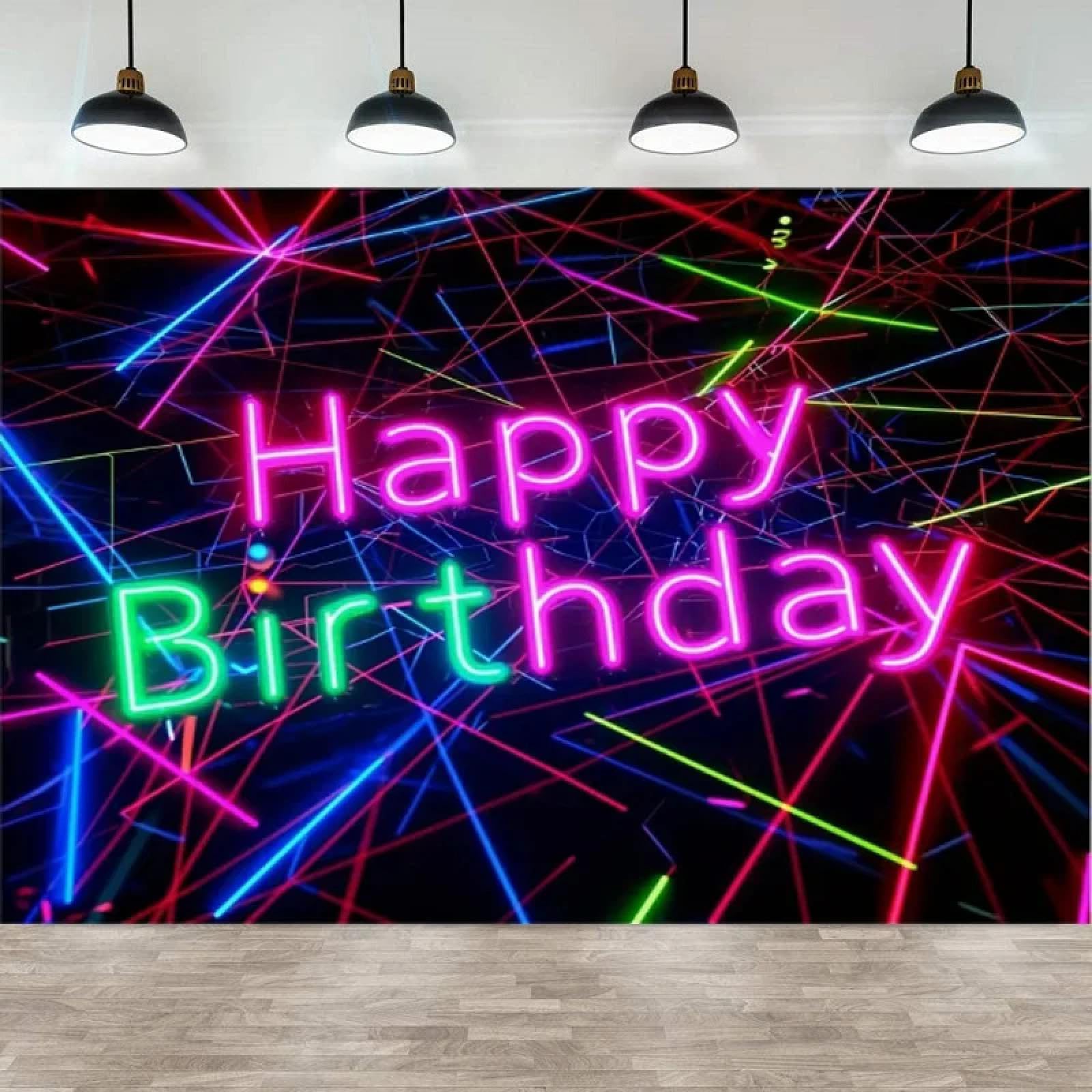 Tło fotograficzne neonowe światła Let's Banner Happy Birthday Party Decor tło portret fotografowanie plakat