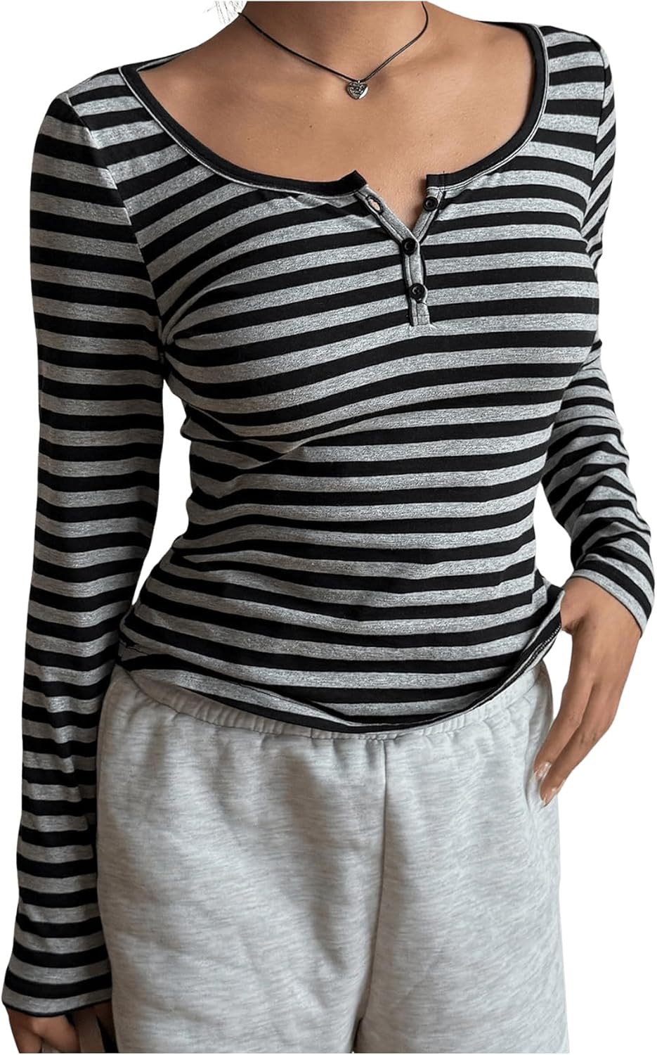 GORGLITTER Women's Striped Henley Shirts Scoop Neck Button Front Long Sleeve Tee Fitted Tops