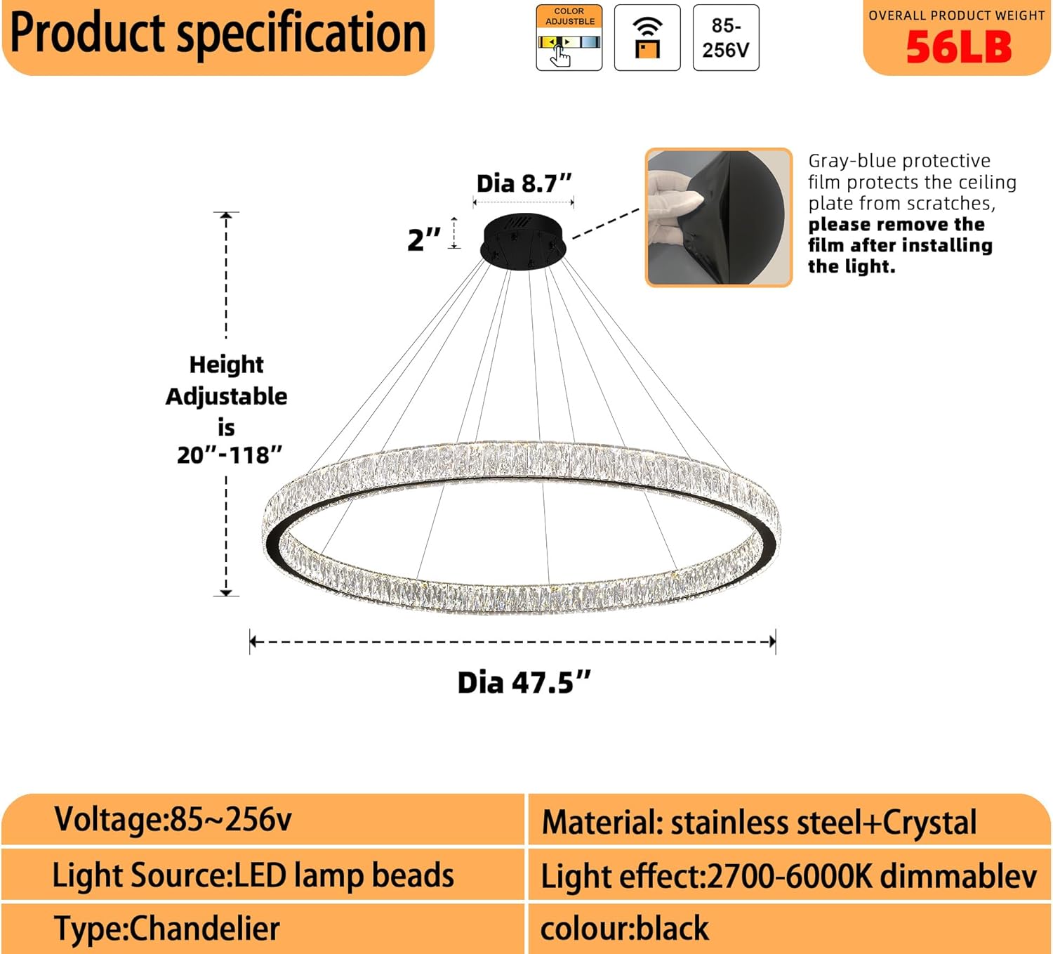 IDEQUY Modern LED Dimmable Crystal Chandelier 47.5" Ring Pendant Light Adjustable Round Chrome Crystal Chandelier Light Fixtures for Dining Room Living Room Black 1 Ring 47.5"