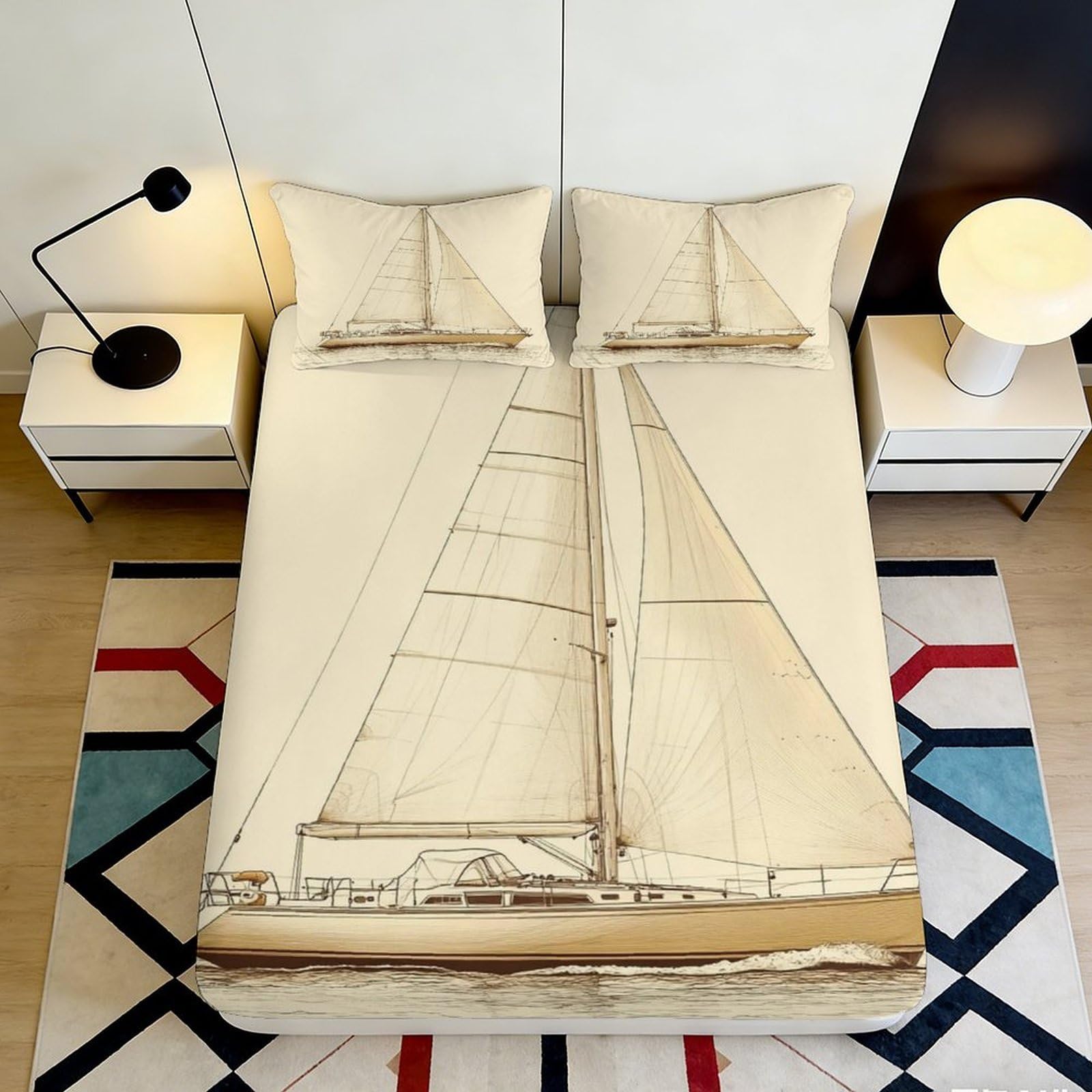 3D Printed Sailboat Fitted Sheet Microfiber Soft Breathable Nautical Yacht Bed Cover for Bedroom Guest Room Decor 90x200x25cm