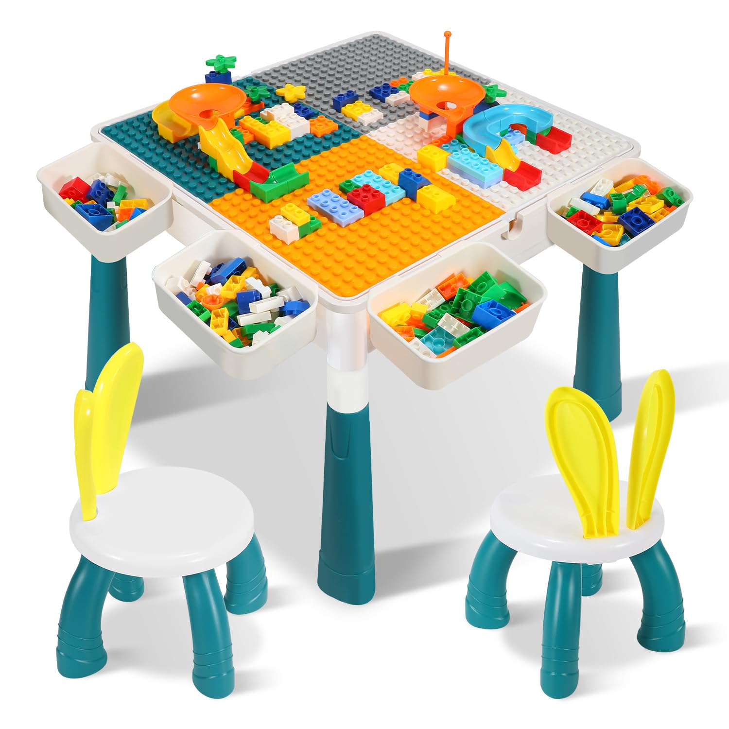 Tavolo da gioco per bambini con 2 sedie, tavolo da gioco con 251 mattoncini da costruzione, multifunzione, regolabile in altezza, set di mattoncini da costruzione