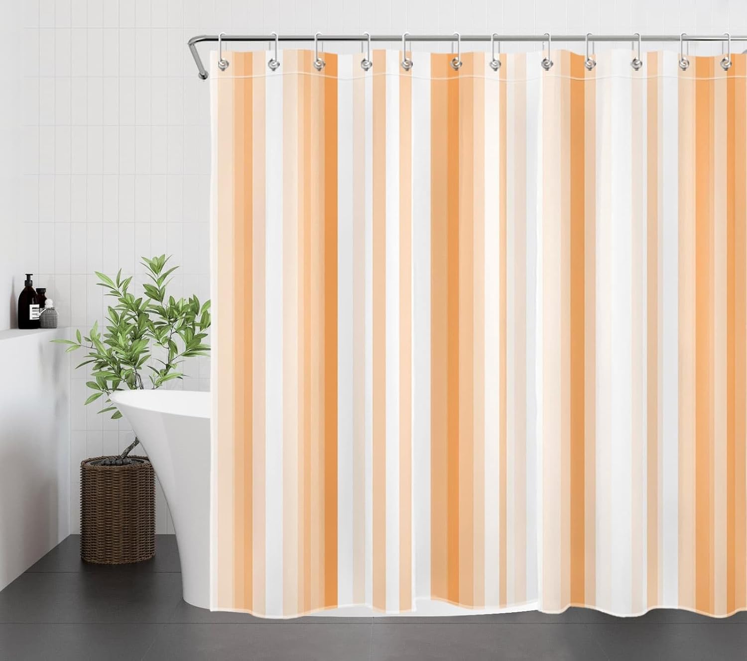 LB Orange and White Striped Shower Curtain, Modern Minimalist Textured Shower Curtain and Rug Set, Washable Waterproof Fabric Bathroom Curtains with Hooks,72x72 inch